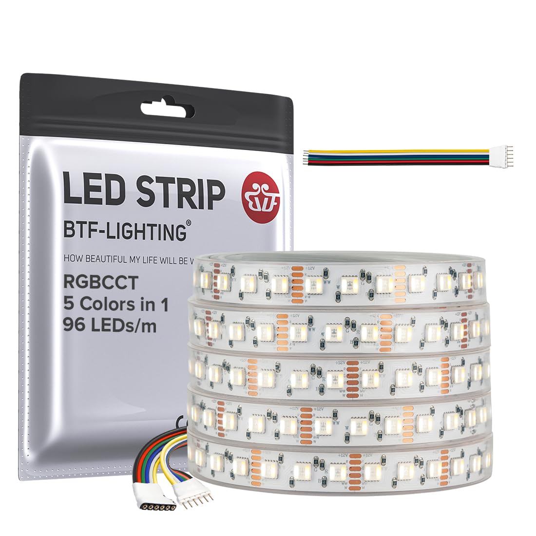 BTF-LIGHTING RGBCCT LED Tape Lights 5050SMD 16.4ft 96LED/m IP67 White PCB DC12V Color Temperature 2700K-6500