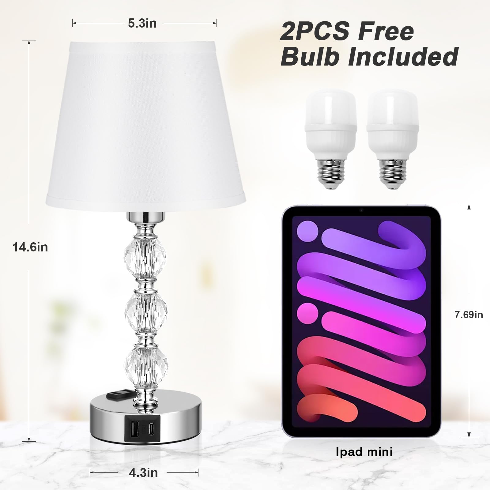 Acaxin 14.6'' Bedside Lamps For Bedrooms Set Of 2 - Mini Crystal Table Lamps With Usb A+C Charging Ports And Ac Outlet, 3 Way Di