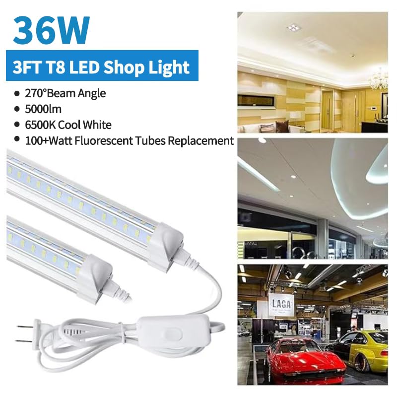 Aqiquut 3Ft Led Shop Light,3Ft Lights 36W 6500K 5000Lm Daylight,Led Shop Lights 110V Linkable Clear Cover Integrated V-Shape For