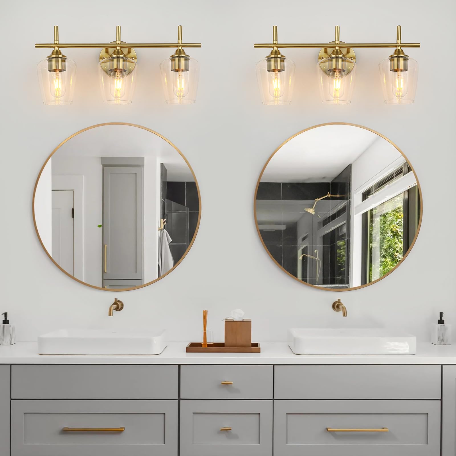 foucasal 3-Light Bathroom Vanity Light Fixtures, Gold Brushed Brass with Clear Glass Shade, Modern Wall Sconces for Living Room and Bedroom