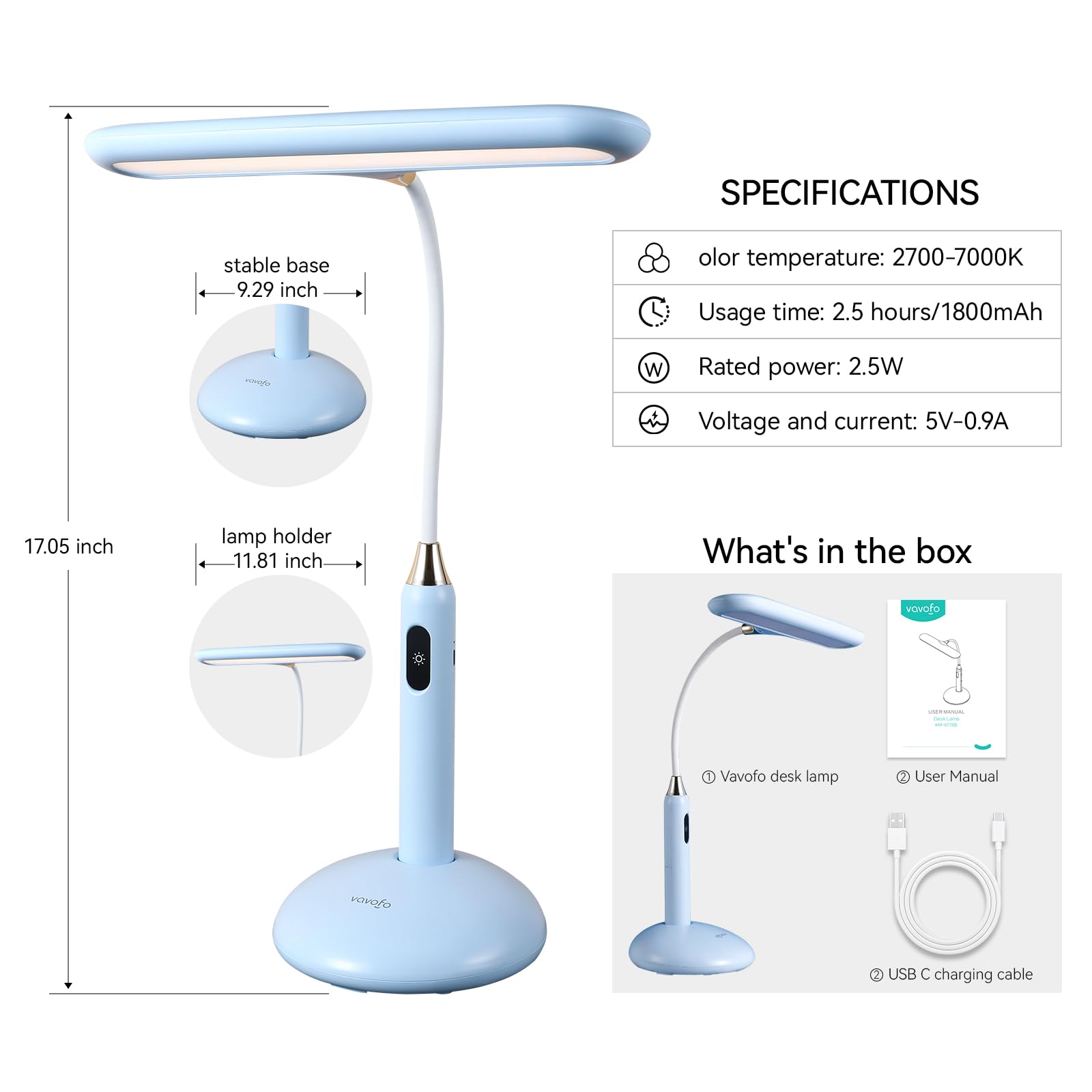 VAVOFO Wireless LED Desk Lamp KM-6778B - Touch Control, 2700-7000K, 700 Lumens, Blue, USB-C, 360° Goosene