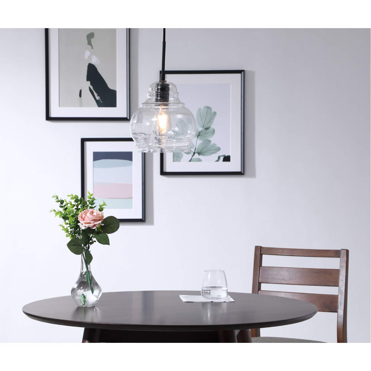 Living District Indoor Modern Home Decorative Bright Ceiling Pierce 1 Light Black and Clear seeded Glass Pendant