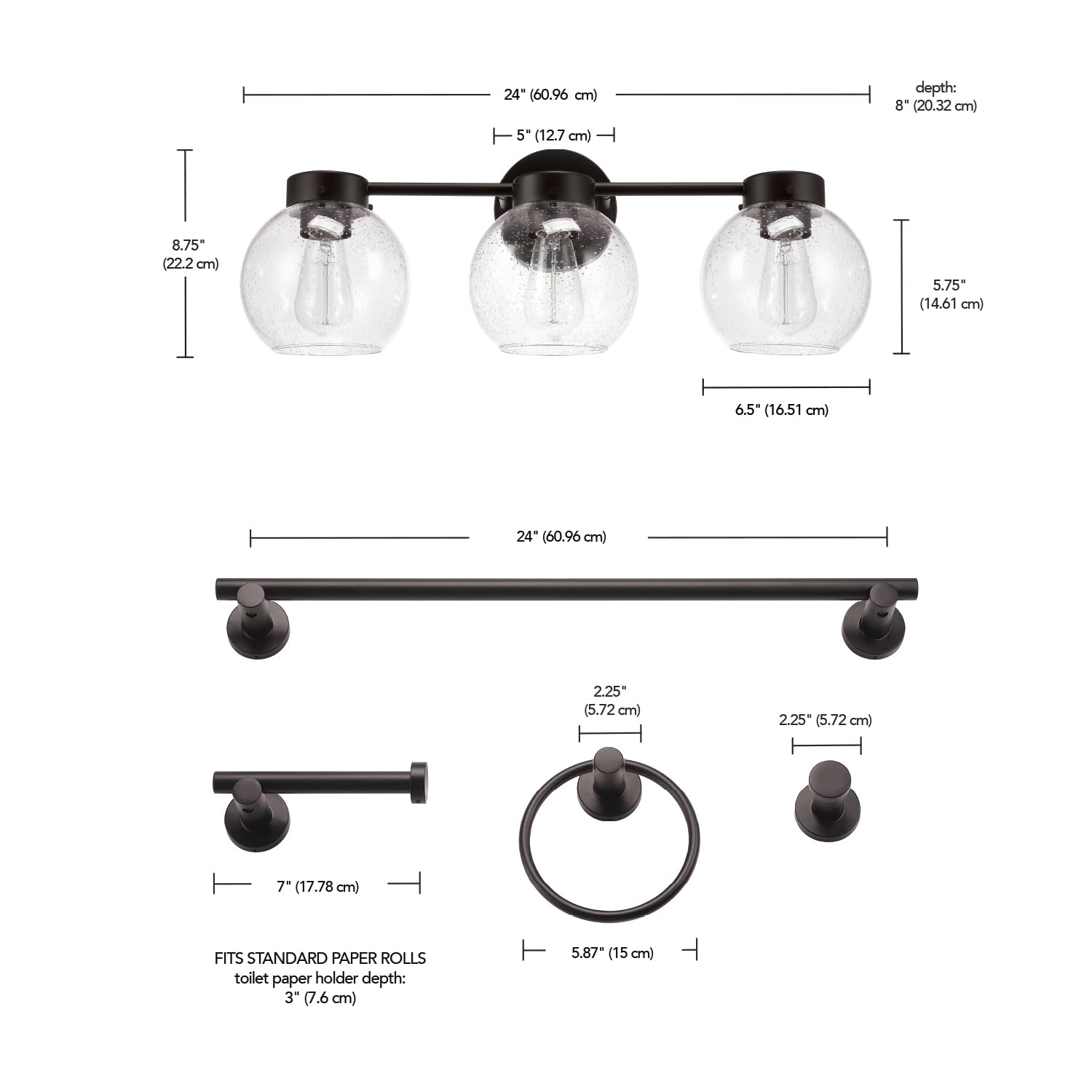 Globe Electric 63000202 5-Piece All-In-One Bathroom Accessory Set With 24'' 3-Light Vanity Light, Dark Bronze, Seeded Glass Shad