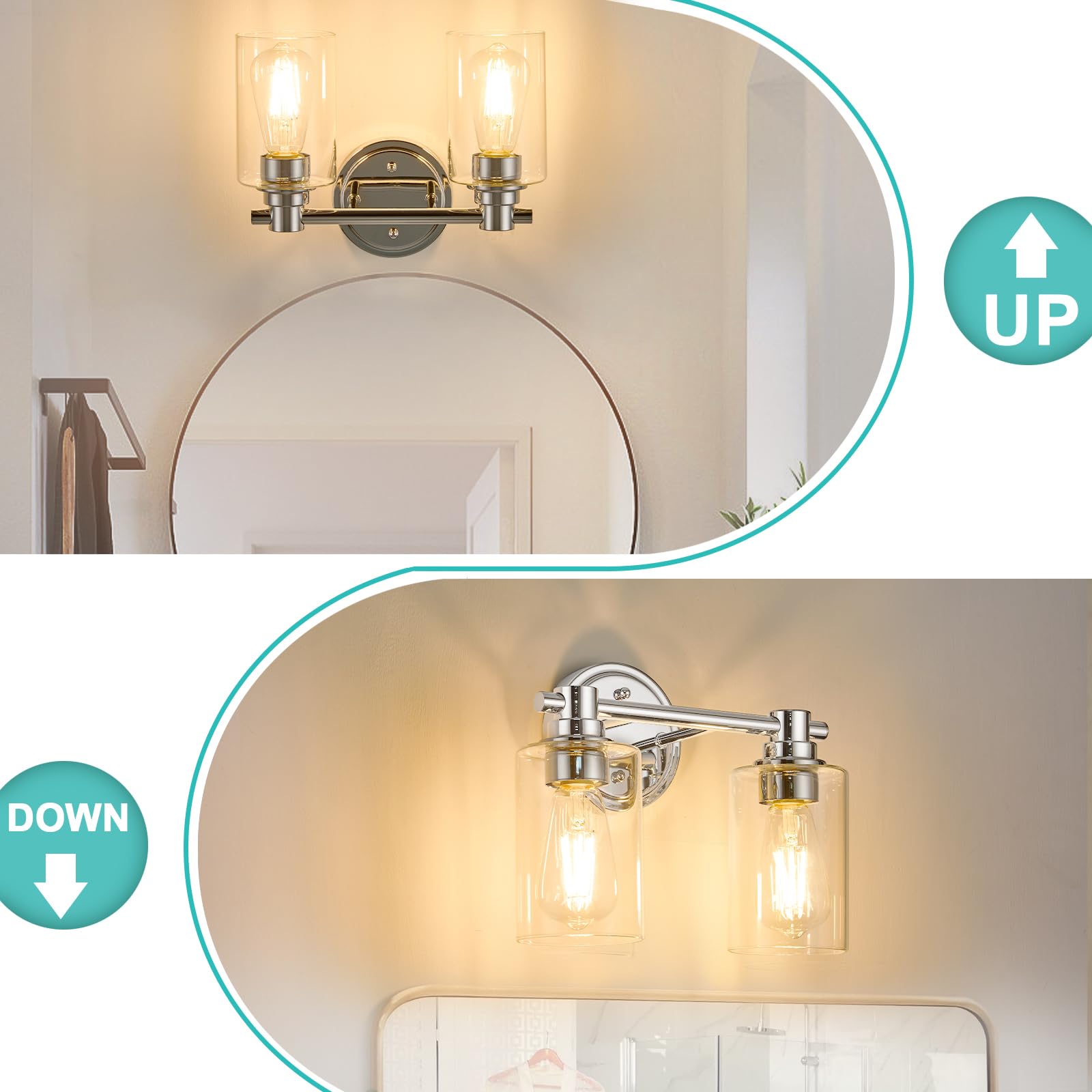 Alaislyc Chrome Bathroom Light Fixtures - 2-Light Wall Sconce With Clear Glass For Vanity, Living Room