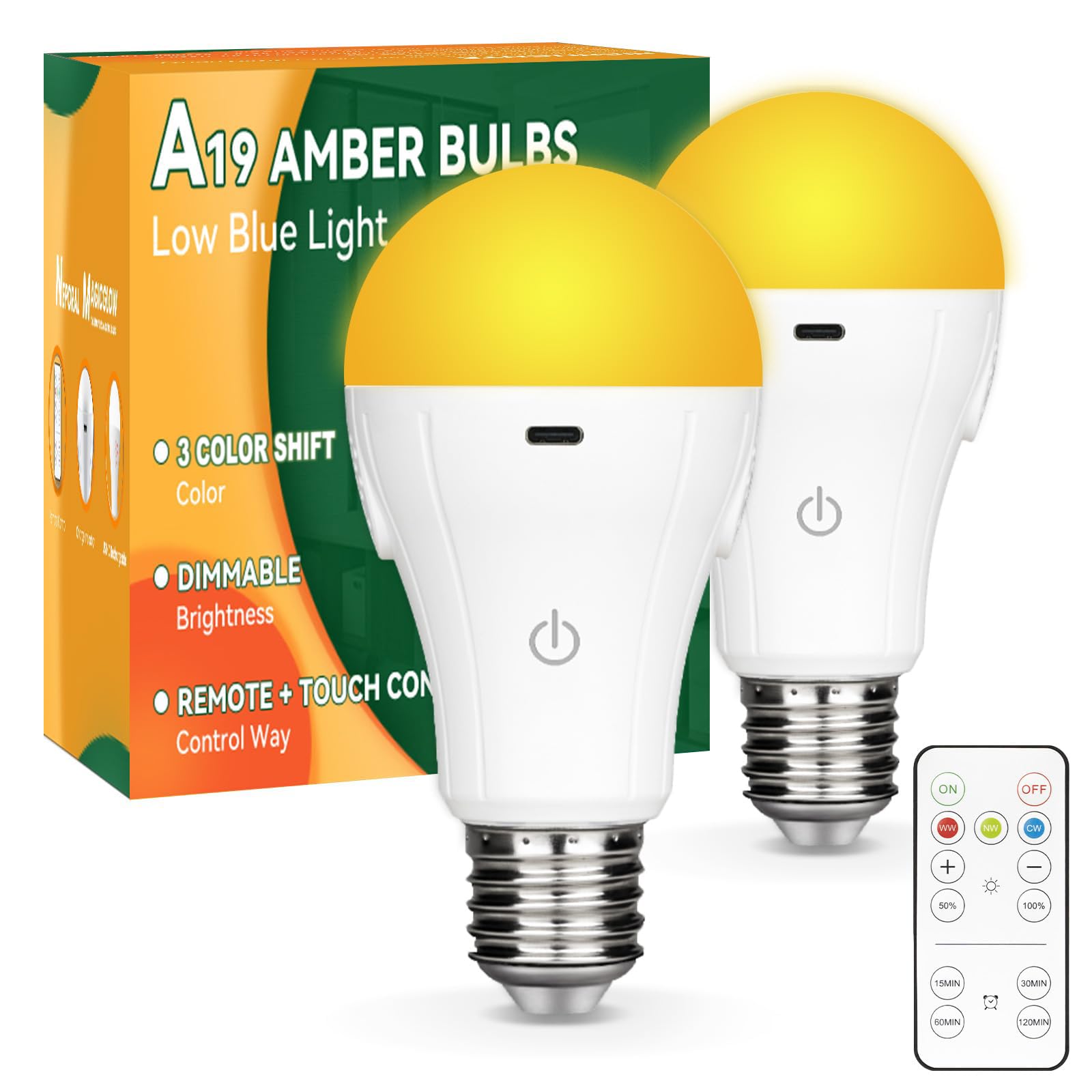 Neporal 9W Amber Light Bulbs with Remote, 3 Color Dimmable Full Spectrum Warm Light Bulbs, Blue Light Blocking, 4 Level Timing, Dim Light Bulbs 60W Equivalent for Bedroom, Nursery, Sleep