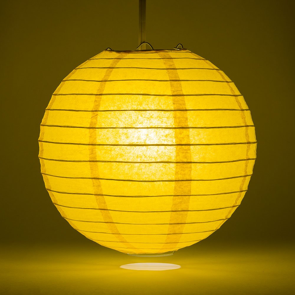 Luna Bazaar Paper Lantern - 14-Inch Sunflower Yellow, Round, Even Ribbing, Model L14SF-PL, Ideal for Weddings and Parties