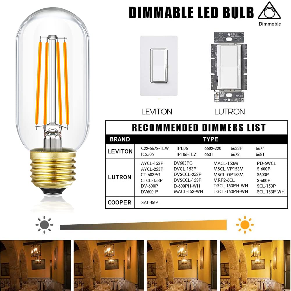 Leools Dimmable E26 LED Bulb 8W Vintage Edison Clear Glass 2700K Warm White 800LM, 6-Pack for Ceiling Fans & Chandeliers