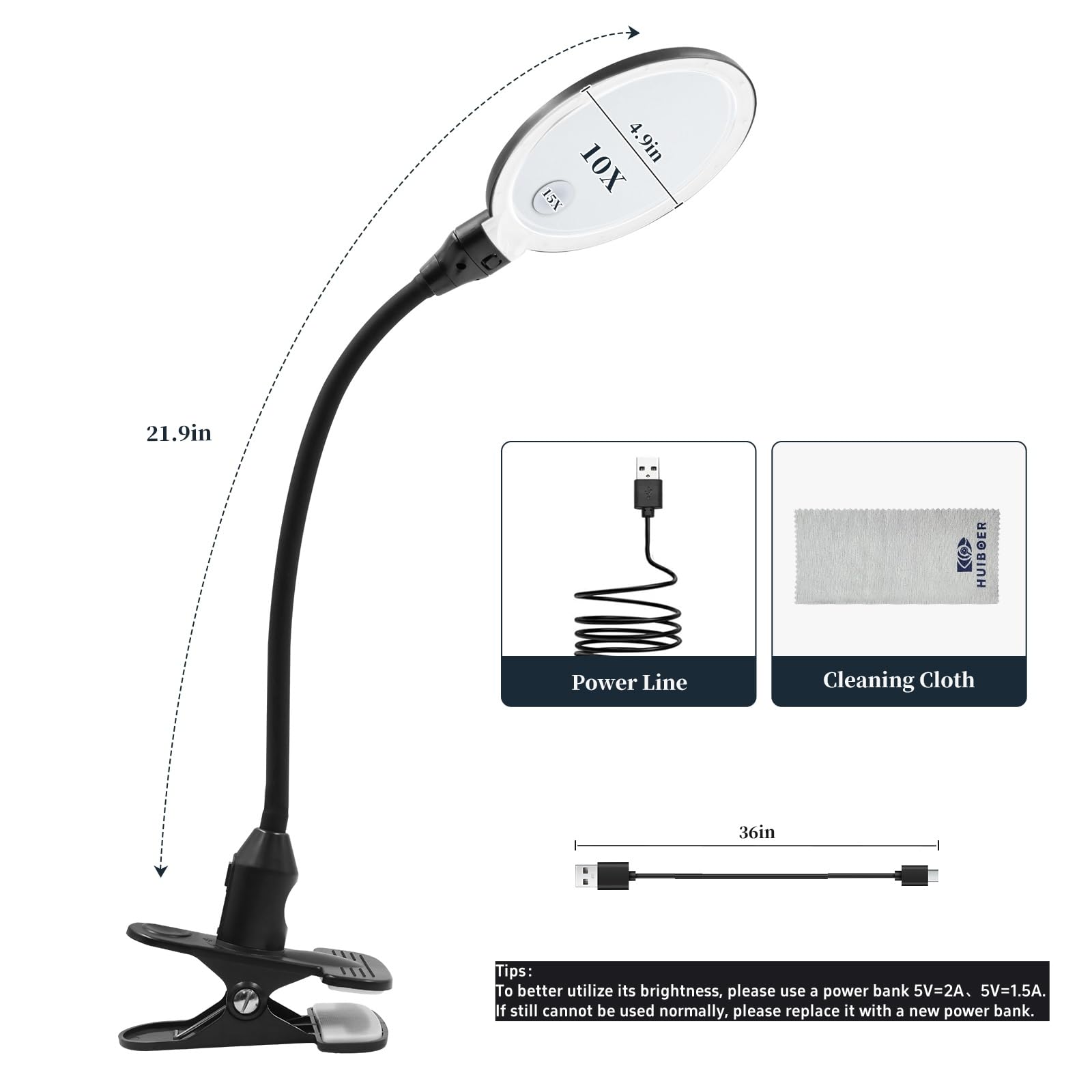 15X Magnifying Glass With Light And Clamp, 4.9 Inch 3 Color Modes Dimmable Magnifier Lamp With Clip, Flexible Gooseneck Magnifyi