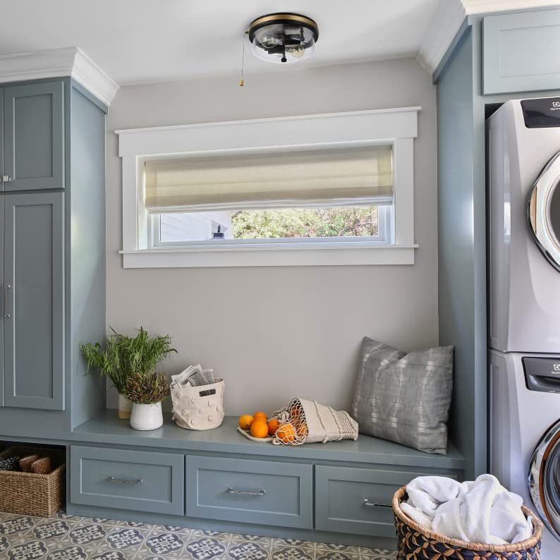 SPACETHREE Industrial Farmhouse Flush Mount Ceiling Light 2-Light Matte Black 11in with Seeded Glass, Model CL2201-270EG