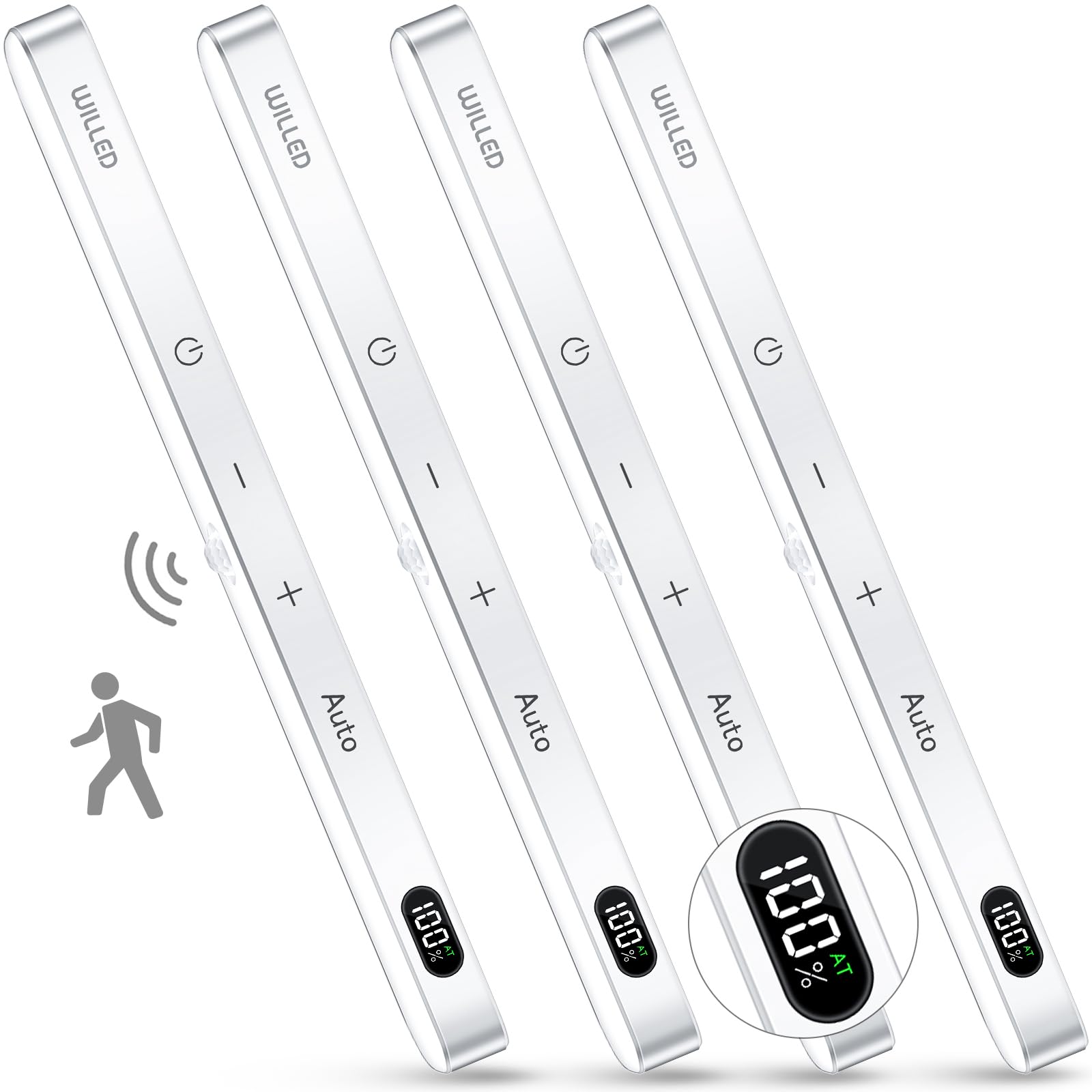 WILLED Motion Sensor Light Bar, 60 LED, Battery Operated, Cool White 6000K, 4 Pack, Model wus002, Plastic