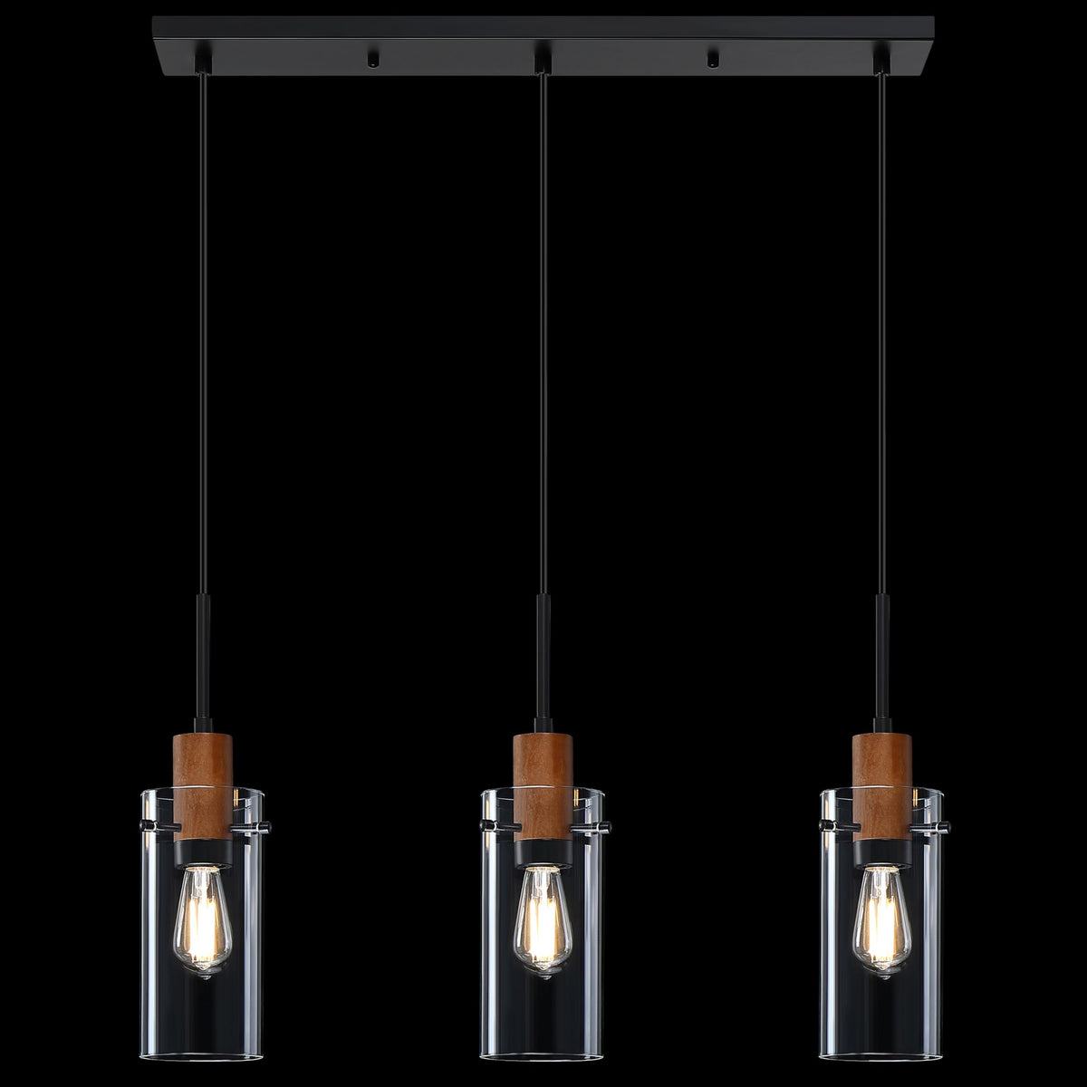 3 Light Kitchen Island Ceiling Light Industrial Farmhouse Fixture,Natural Wood Clear Glass Black Finish For Bedroom Hallway Dini
