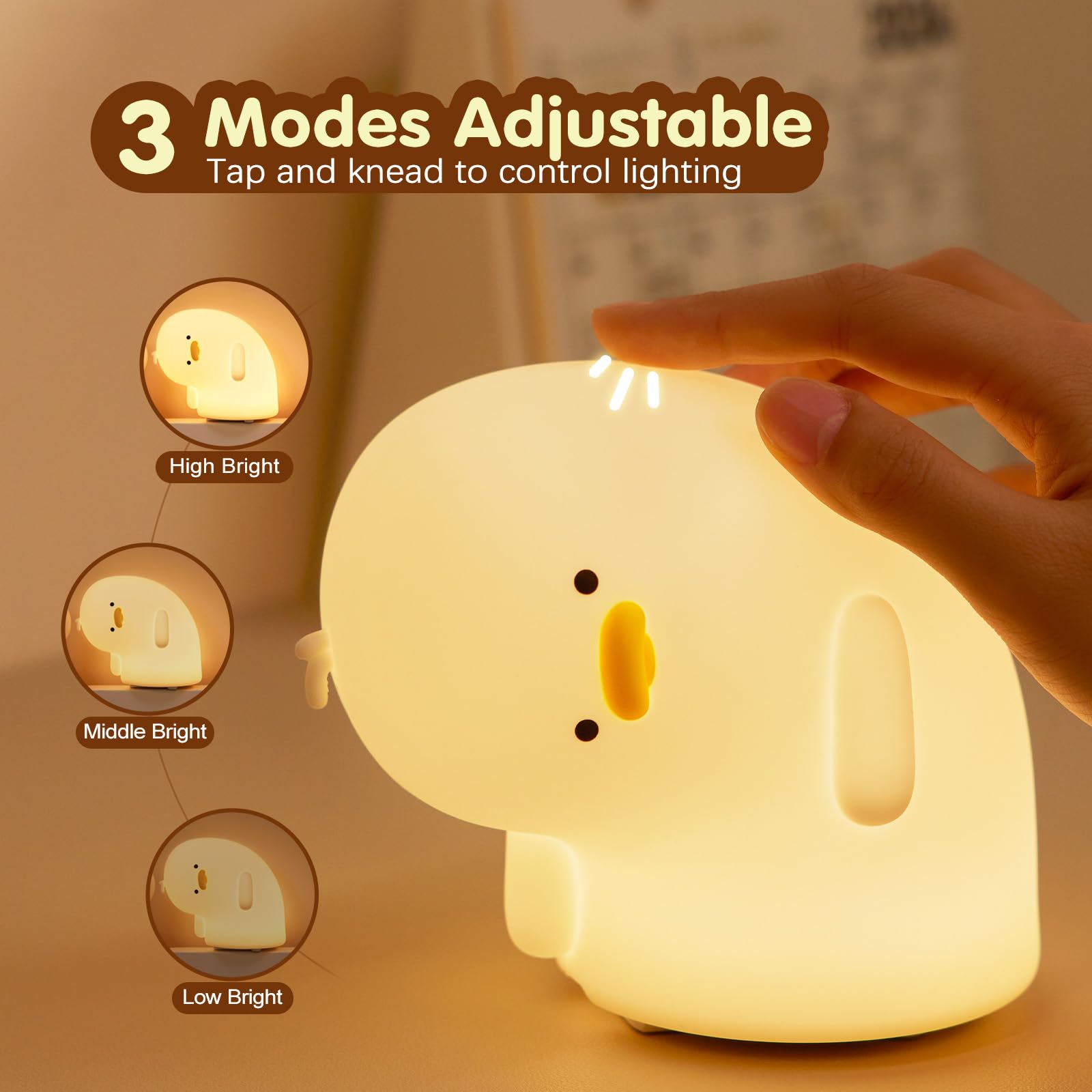 VTIGER Why Duck Night Light, LED Squishy Cute Lamp, Silicone Duck Light for Kids, Dimmable Girls Baby Bedroom Nightlight, Rechar