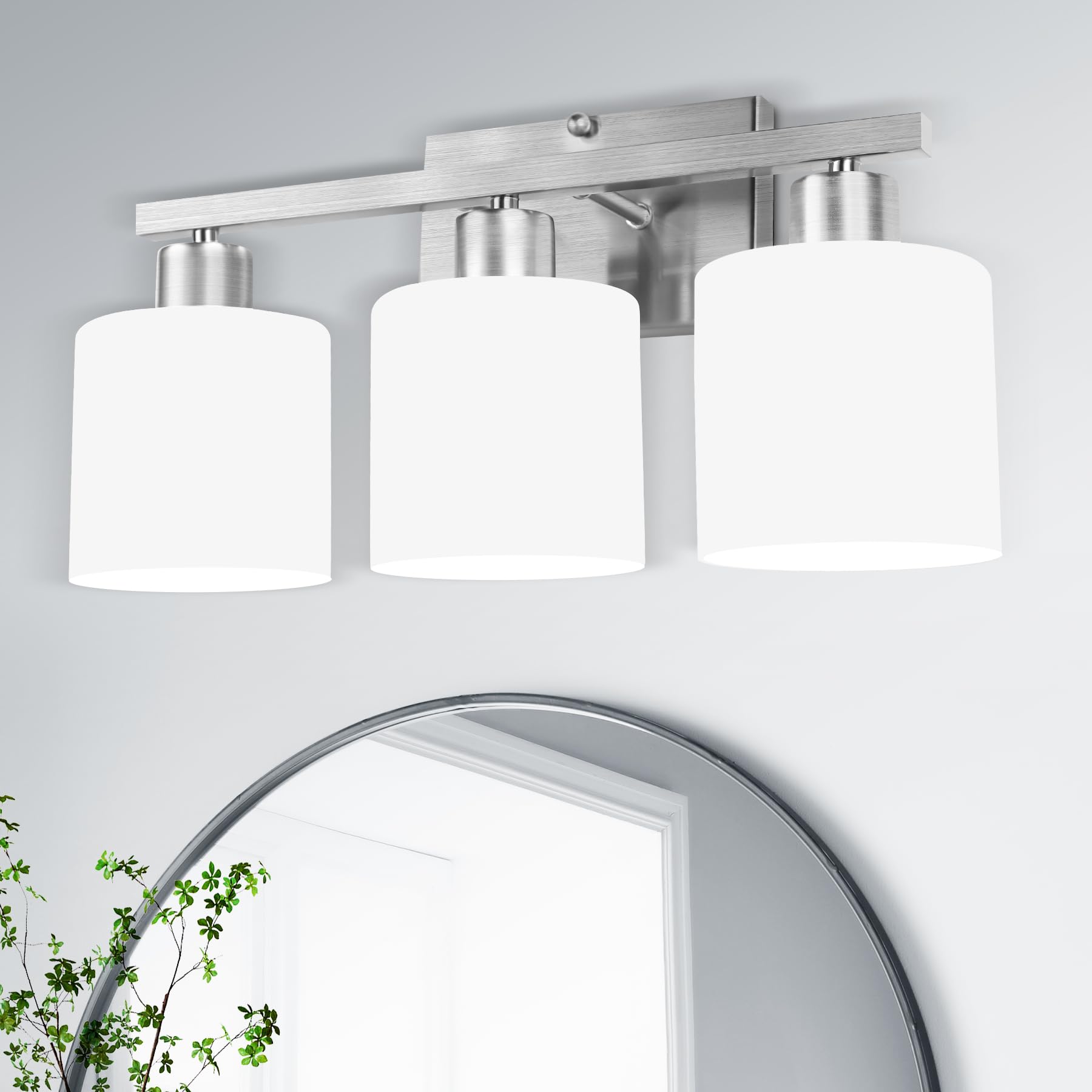 SILAMPDI Bathroom Light Fixtures, 3-Light Vanity Lights, Brushed Nickel, Milky White Glass Shades, Model SLD-JQD-S