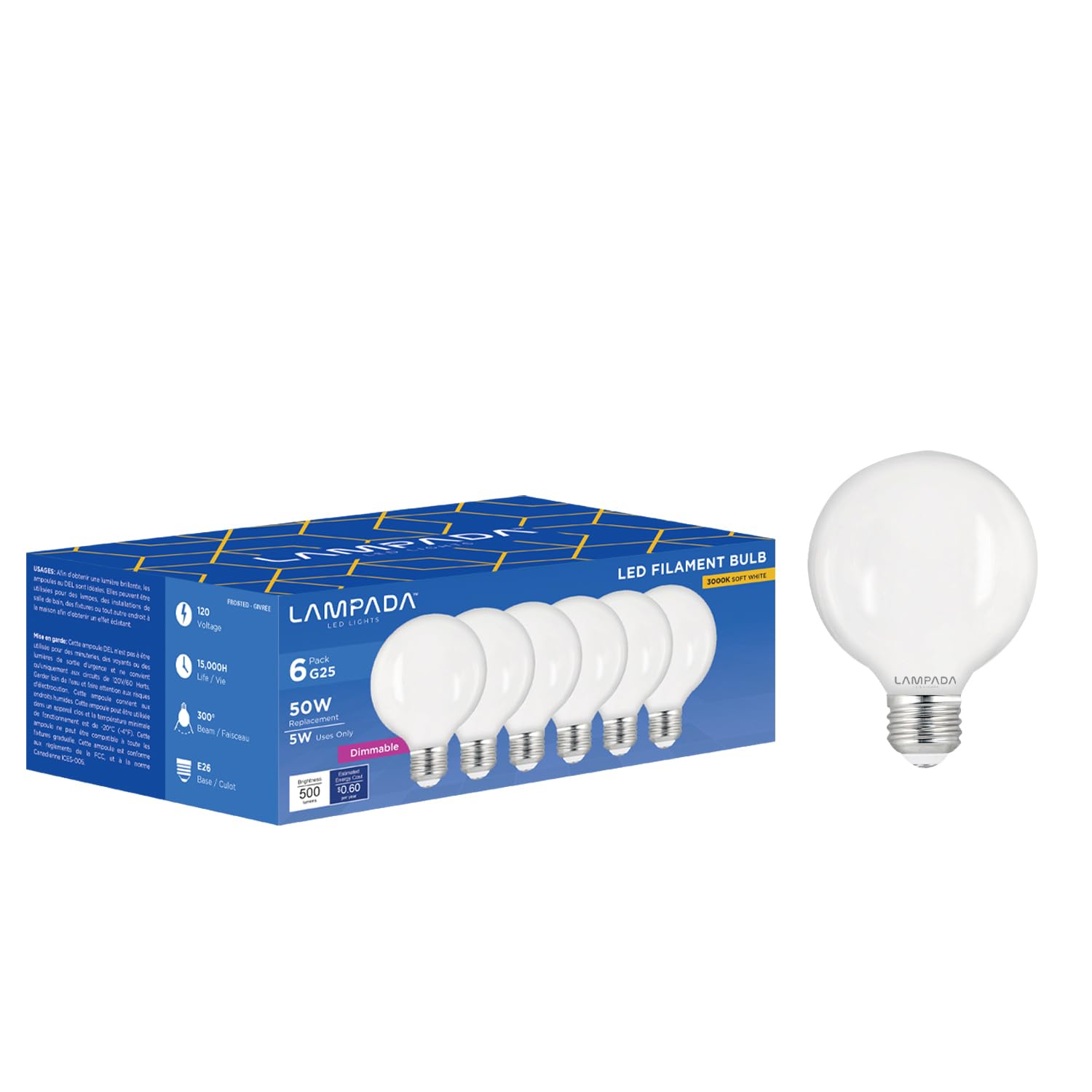 Lampada 6 Pack Vanity Globe Light Bulbs G25 Globe Led For Bathroom Mirror 3000K Warm White, Dimmable, 500 Lm, 5W, E26 Base, Roun