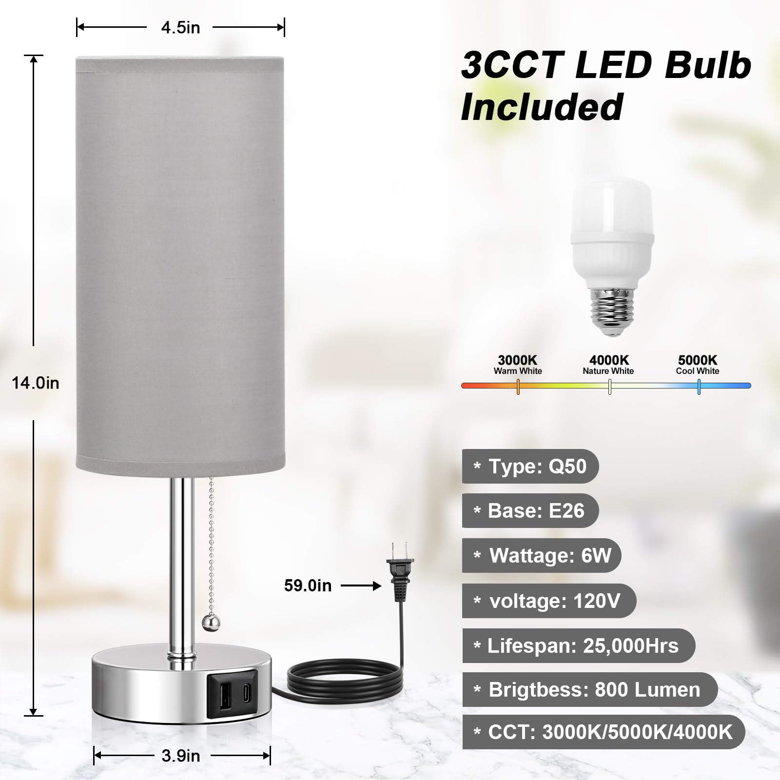 Grey Table Bedside Lamp For Bedroom Nightstand - Small Silver Lamp With Usb A + C Charging Port, 3 Color Temperatures Pull Chain