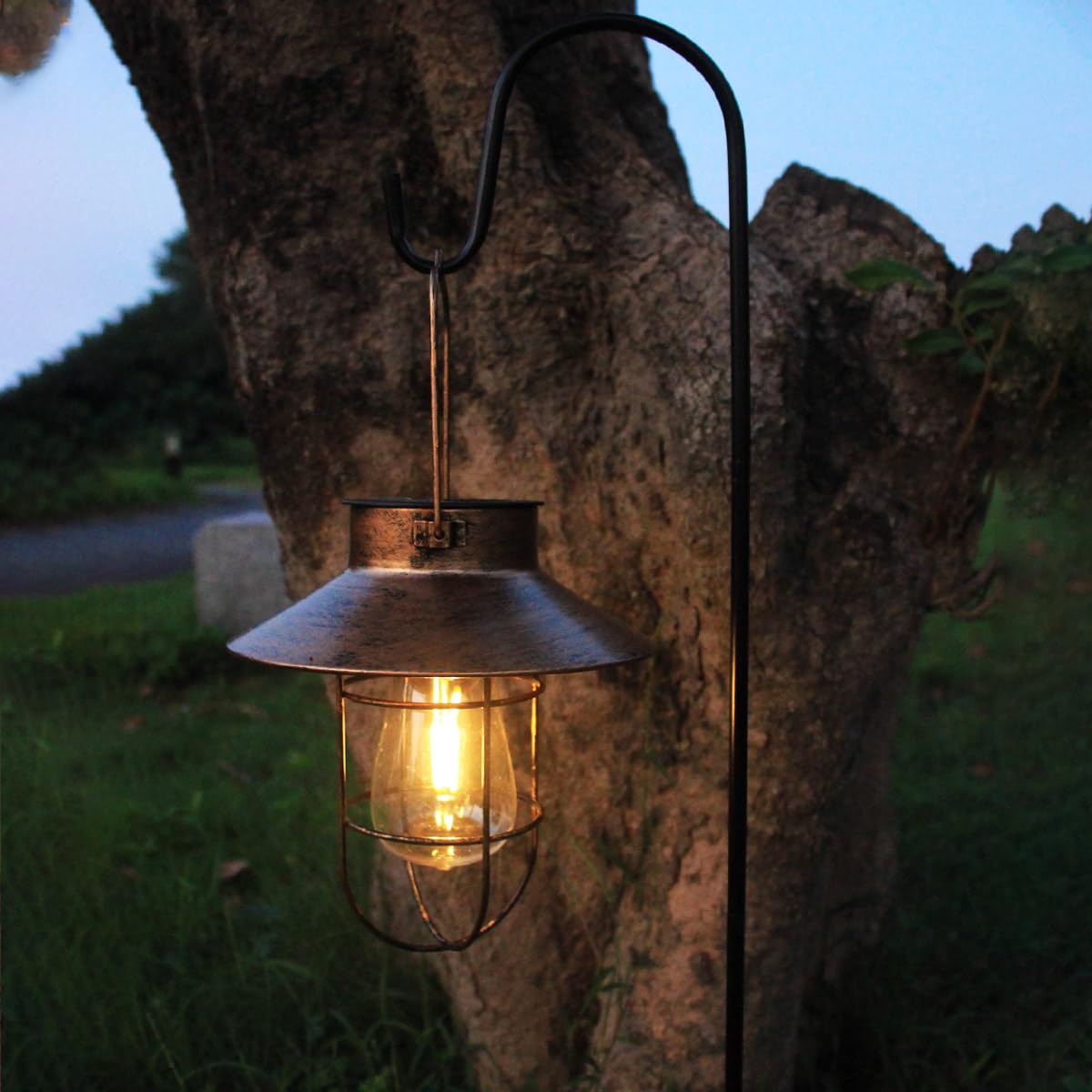 2 Pack Solar Lanterns, Outdoor Hanging Lights Metal With Shepherd Hook Warm White Edison Bulb Design For Garden And Birthday Gif