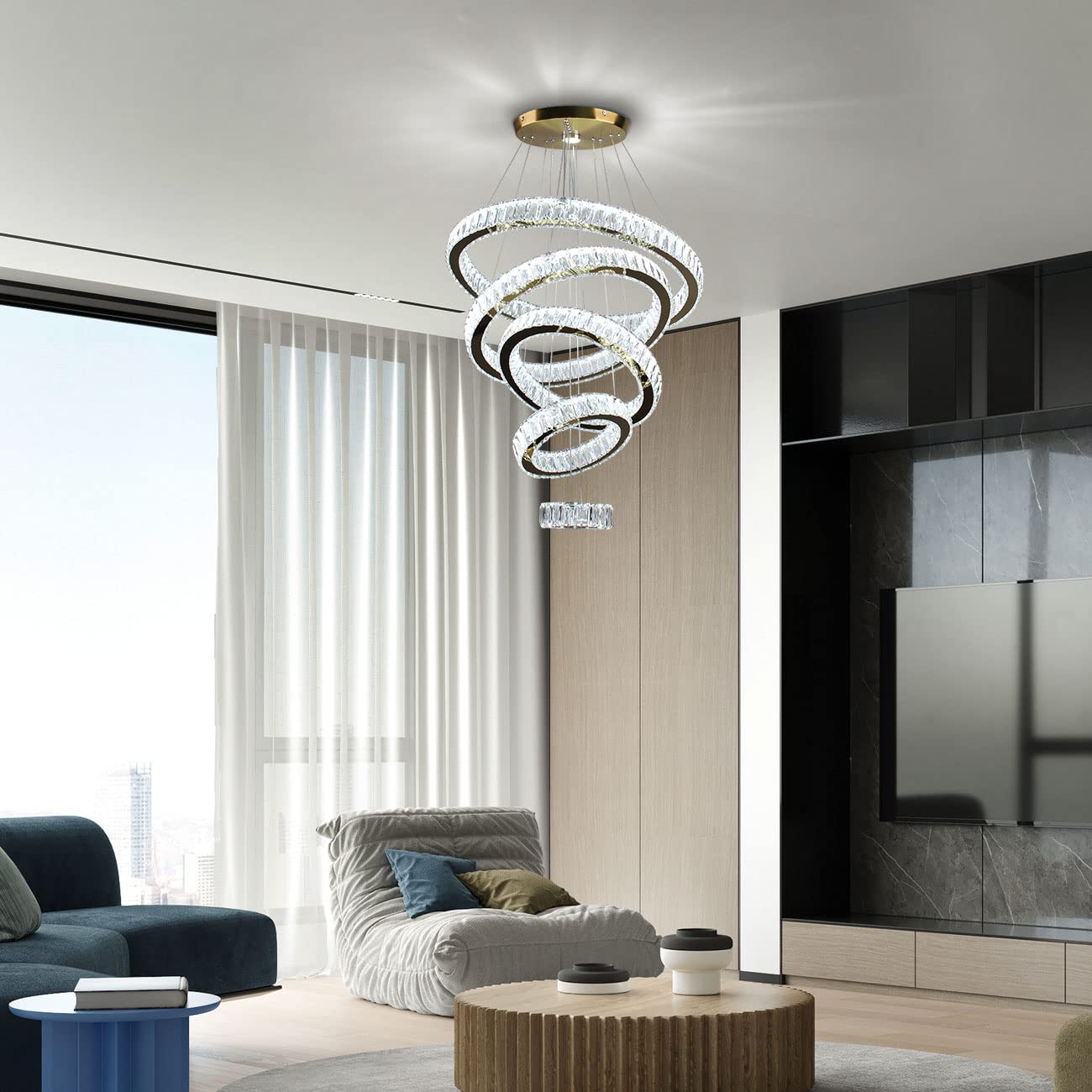 Dixun LED Crystal Chandeliers, Modern 5 Rings Pendant Light Titanium Gold Stainless Steel Height Adjustable Ceiling Light for Be