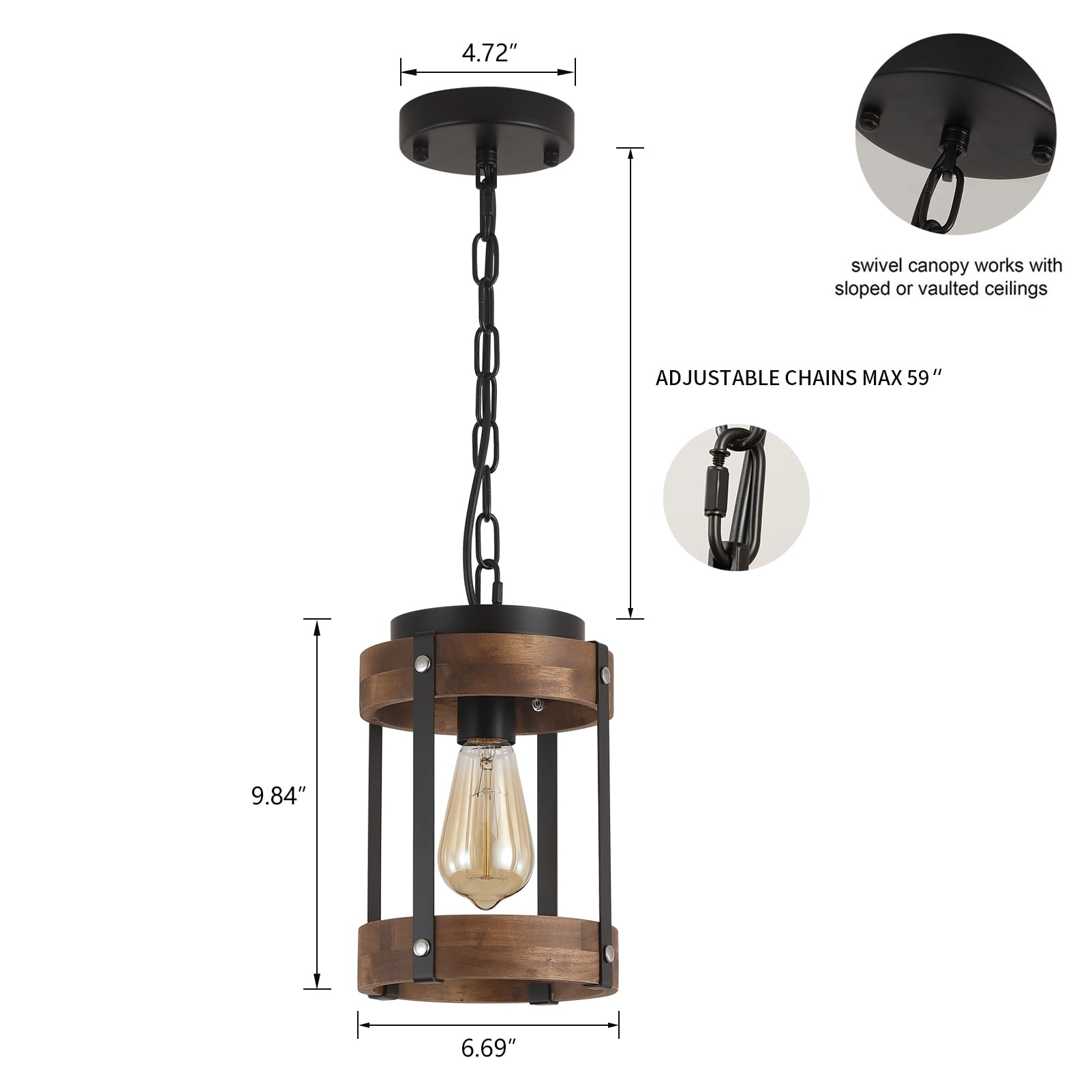 RKUCSR Rustic Farmhouse Wood Pendant Light Fixture, Small, Black, Model 6711-1, Adjustable Chain, Ideal for Kitchen Island and Hallway
