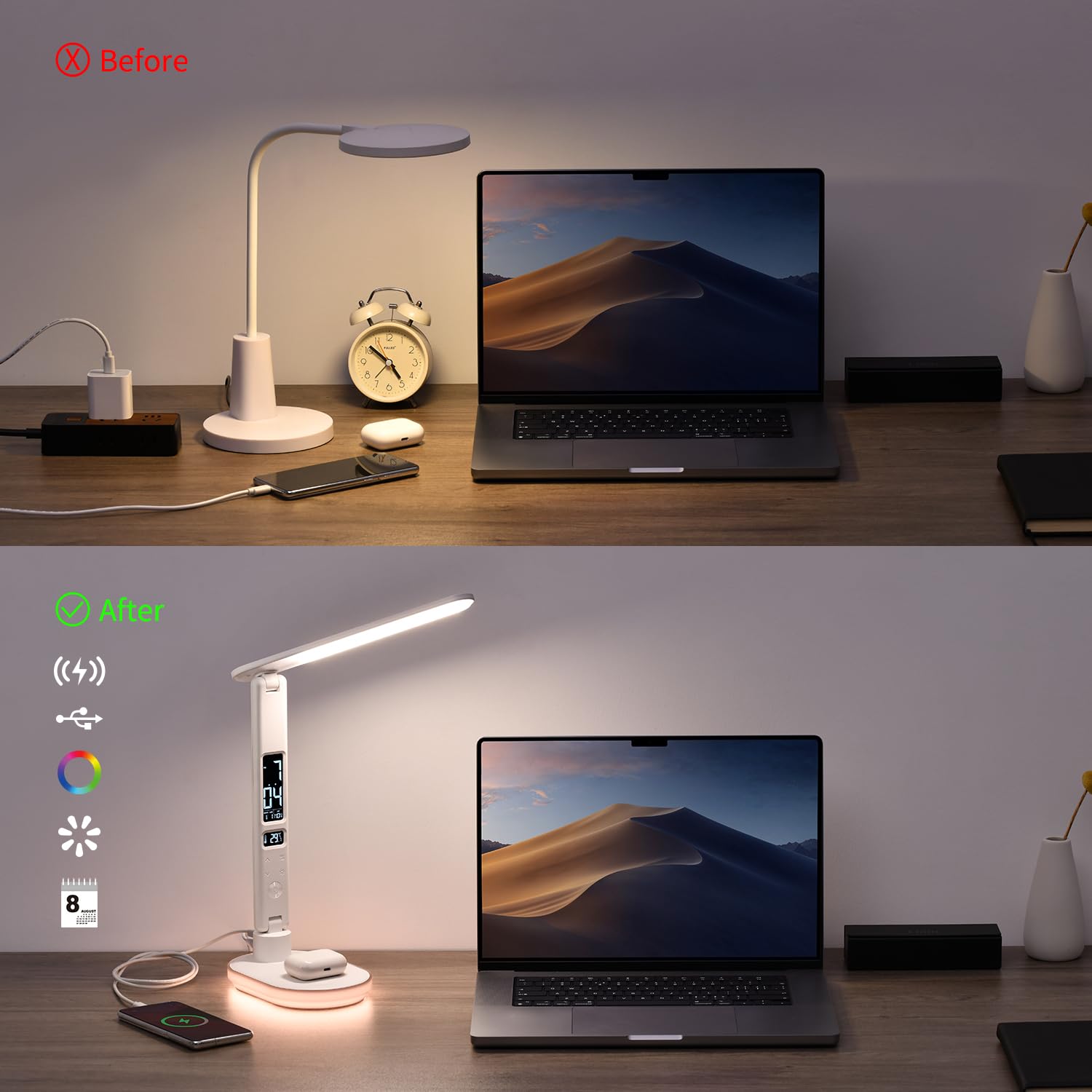 Morwealth LED Desk Lamp with 10W QI Wireless Charging, Flexo Table Lamp with 3 Colors and 5 Brightness Levels with Charging Func