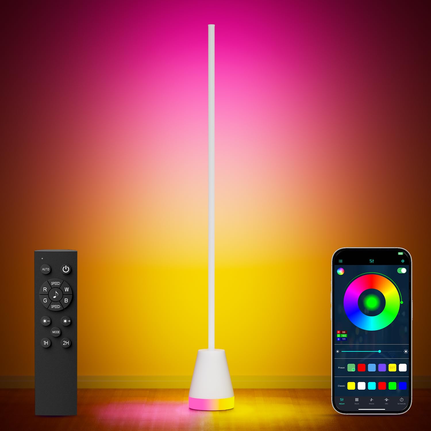 Keepsmile Smart RGB LED Corner Floor Lamp, Music Sync, 172 LEDs, Aluminum, Model HX-818, White
