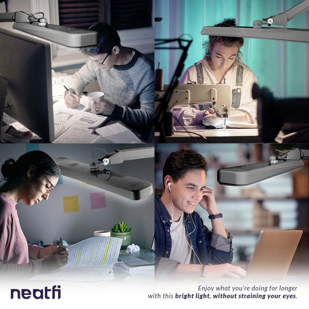 Neatfi XL LED Task Lamp, 2500 Lumens, 30W, 22" Wide, Eye-Caring Silver Desk Light with Clamp, Model 9505LED-30-C