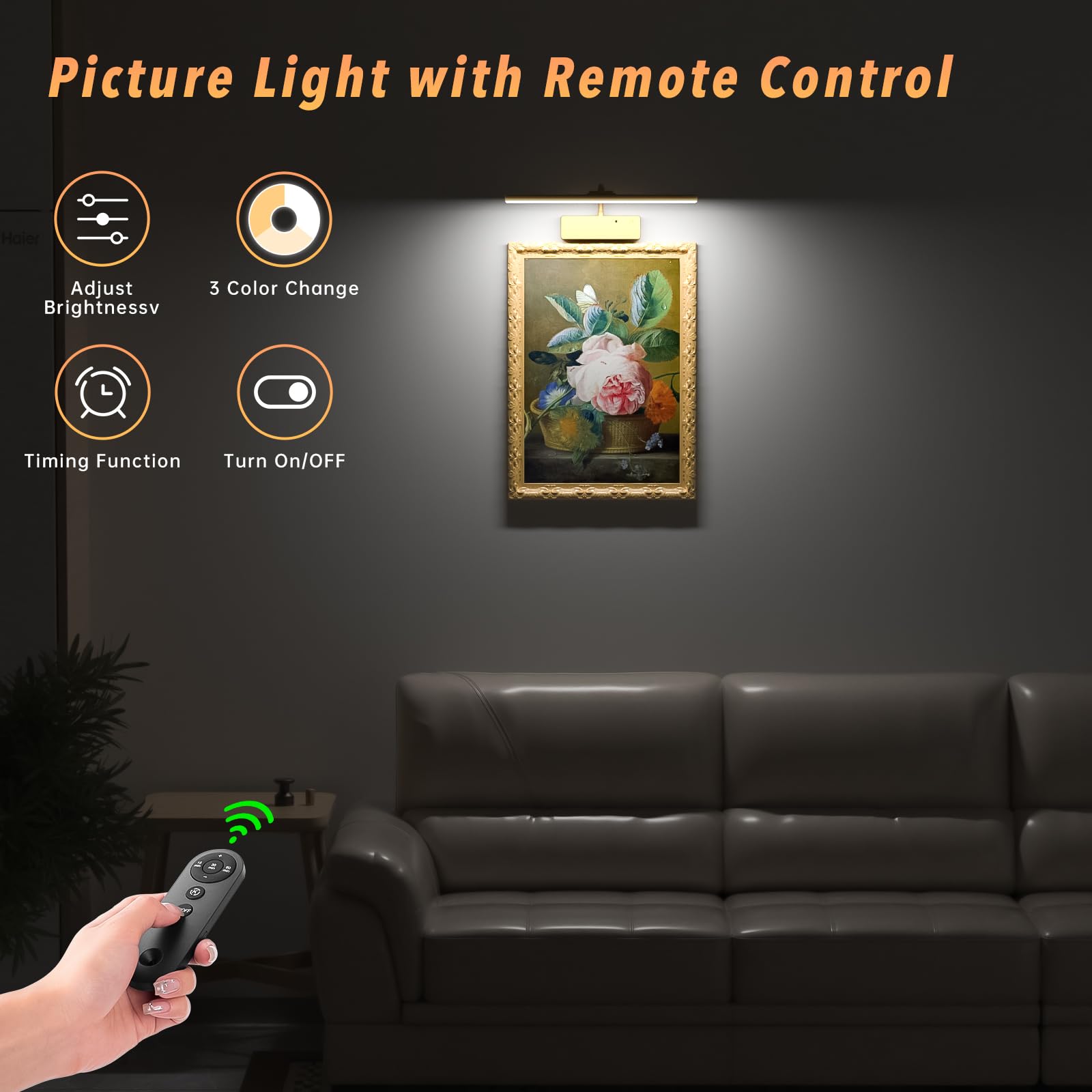 Picture Light With Remote, 15.35Inch Wireless Rechargeable Battery Wall Light For Paintings, 3 Colors Paintings Light Dimmable And Timer Metal Art Light For Display, Wall, Artwork, Gallery (Gold)