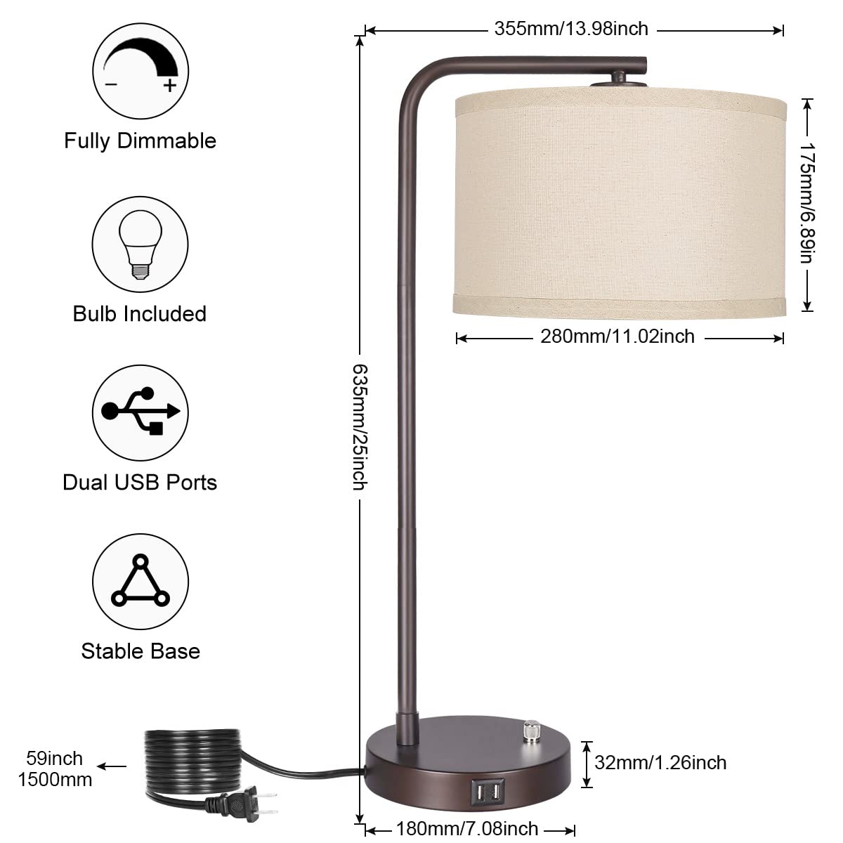 Side Table Lamp With Dual Usb Ports, Dimmable Bedside Lamp Modern Nightstand Lamp Desk Reading Lamp With Linen Lampshade For Bed