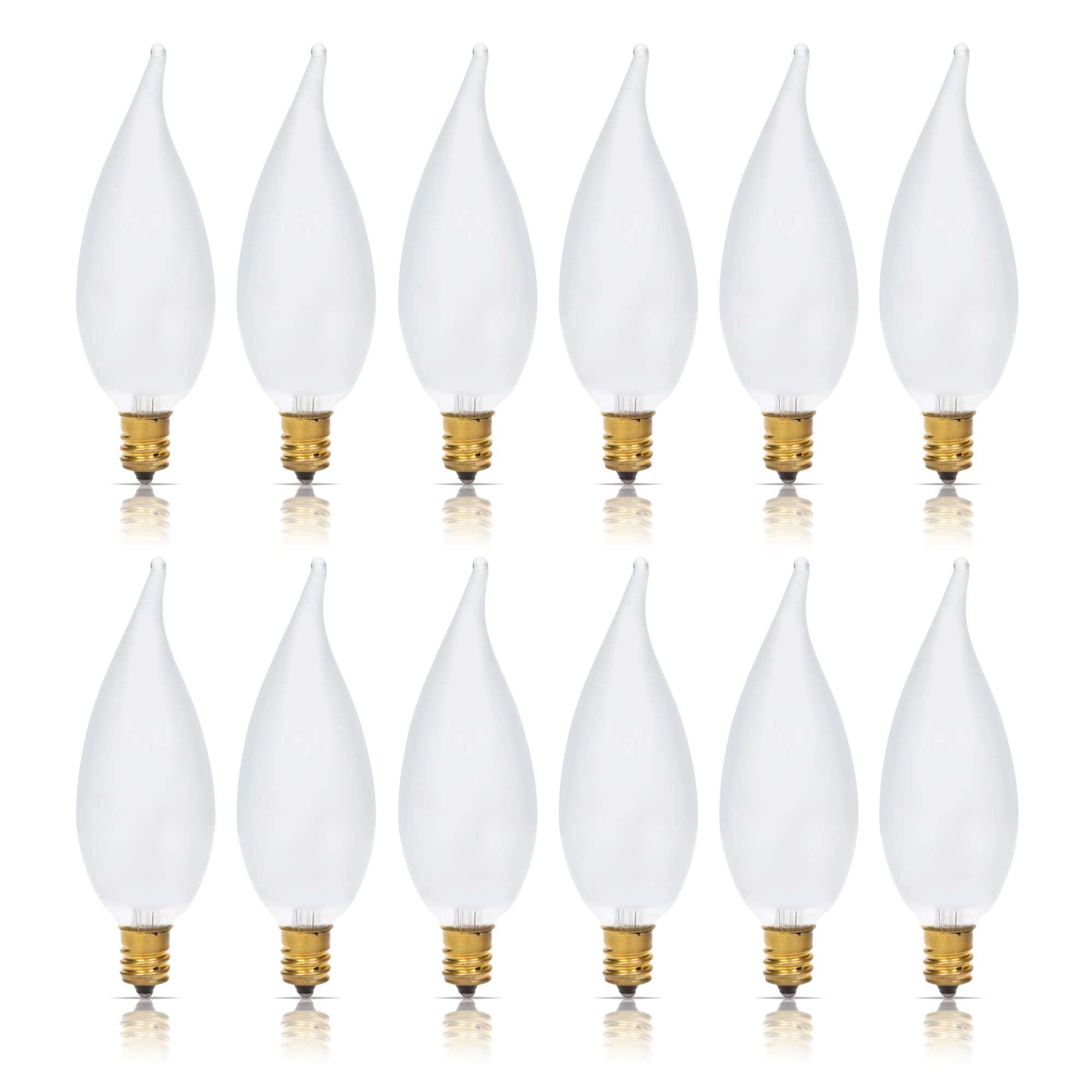 Simba Lighting Candelabra Flame Tip Frosted CA10 40W E12 Base (12 Pack) Decorative Incandescent Light Bulbs 120V for Chandeliers