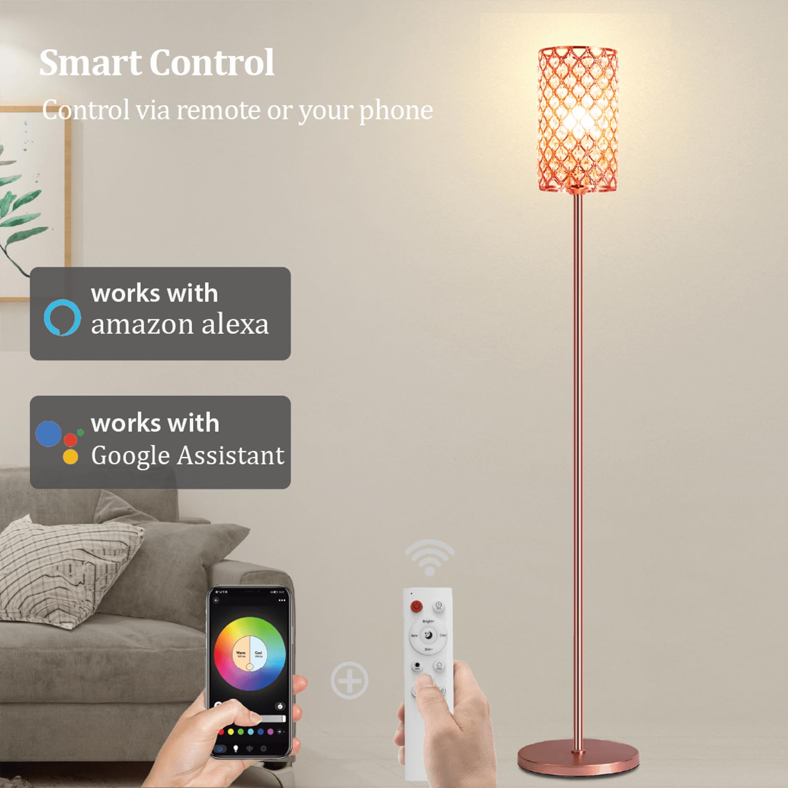 Emorlo Crystal Floor Lamp With Remote Control, Smart Rose Gold Floor Lamps For Living Room With Bulb Included, Crystal Standing