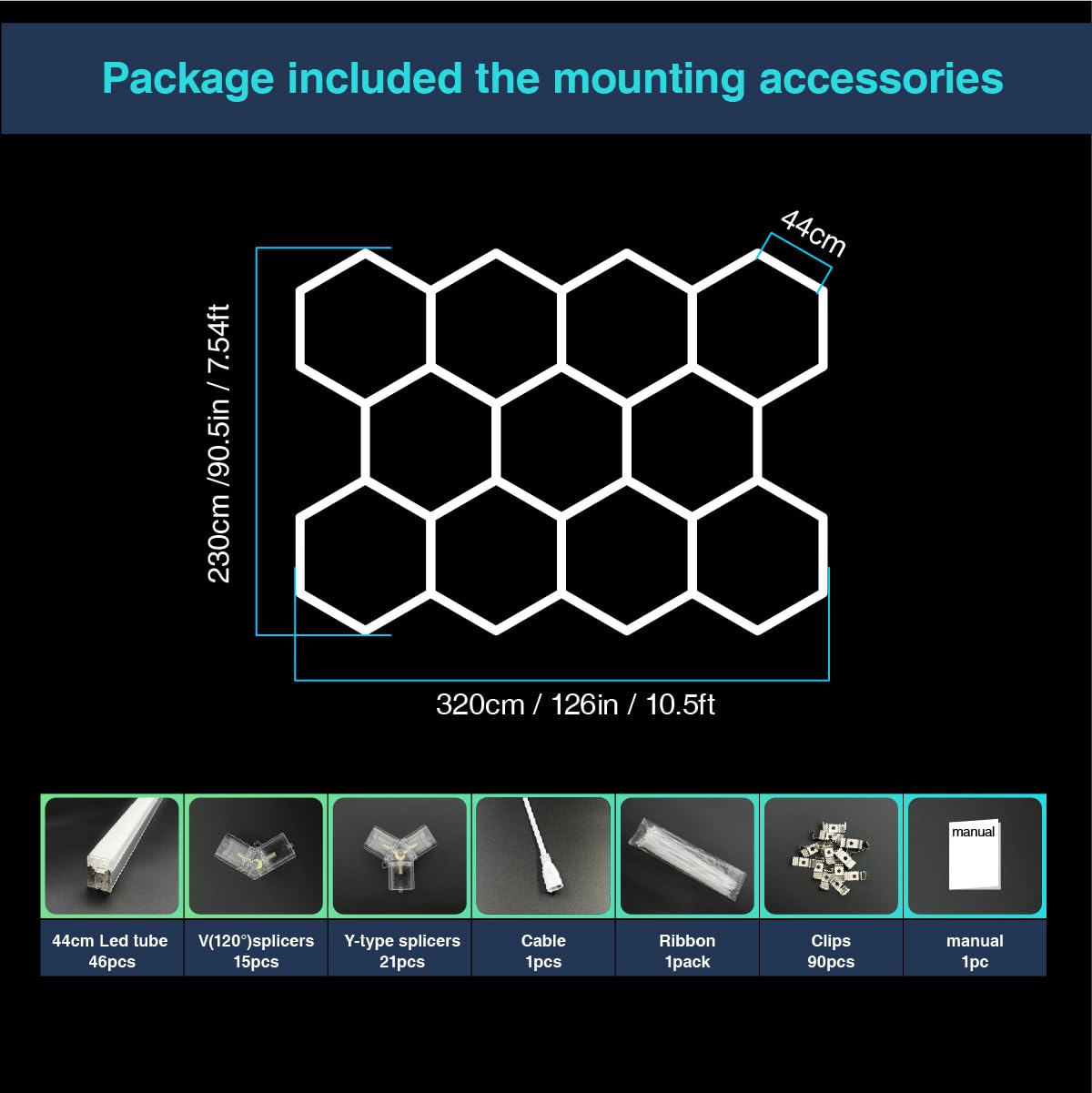 Cezelux Hexagon Garage Lights, 11 Honeycomb 46Packs Tubes 6500K 368W 3.2X2.3M, Honeycomb Garage Lights Ceiling Led Car Detailing Lighting For Gym Basement Warehouse Auto Beauty Shop Hair Salon Office