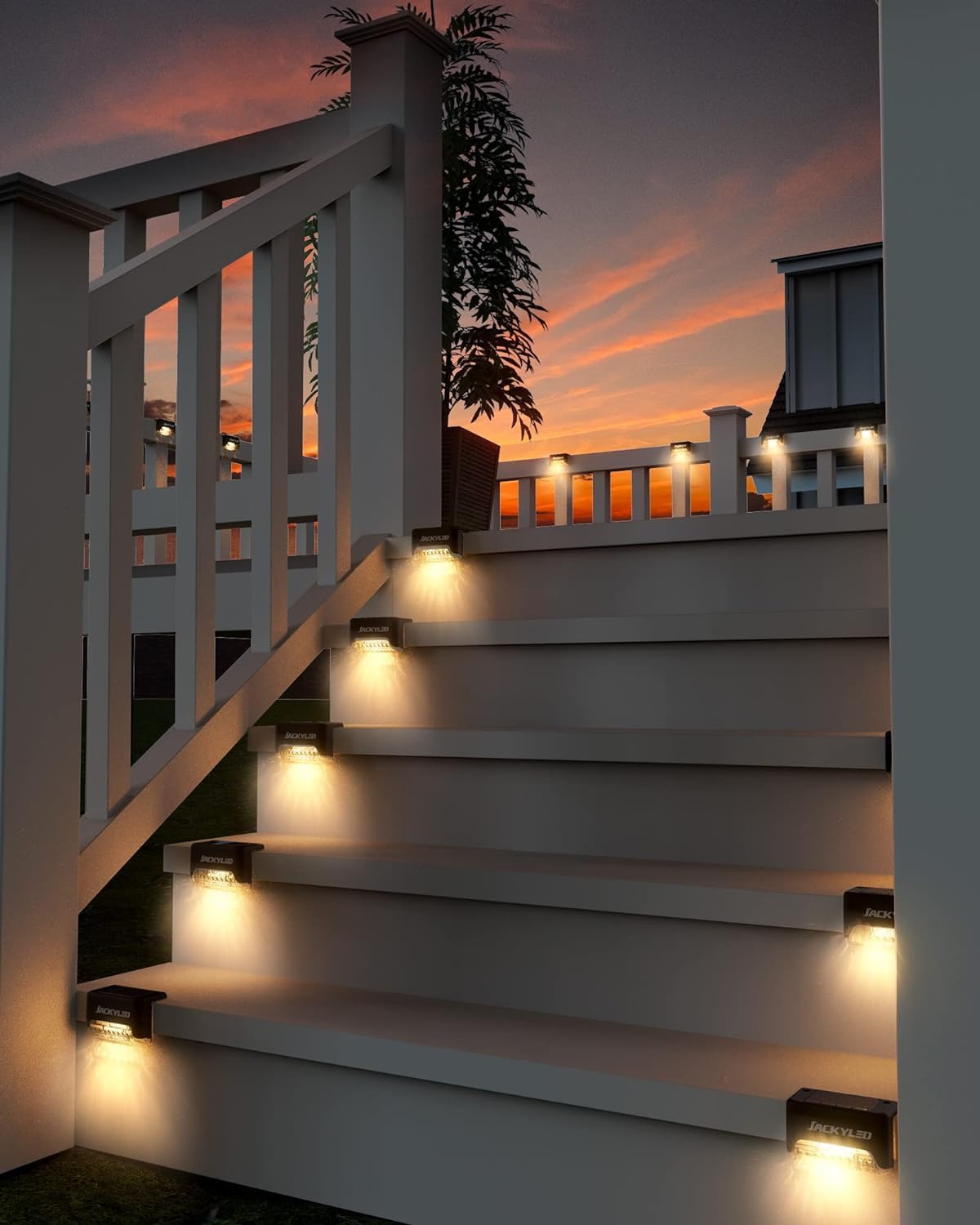JACKYLED LED Solar Step Lights, Waterproof Outdoor Fence Light, 16 Pack, Warm White, Model JACKYLED741, for Deck Stair Railing Decor