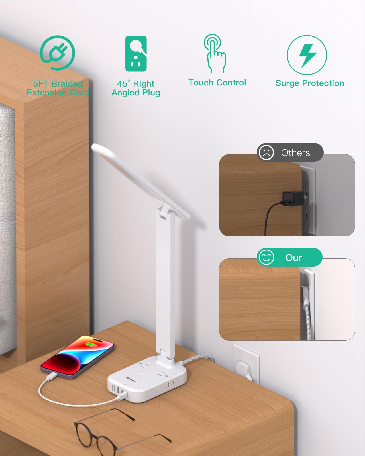 Mifaso Power Strip Desk Lamp with LED, 30W Touch, 4 Outlets & 4 USB Ports, 11.8"x3.75"x14.56", White, Model