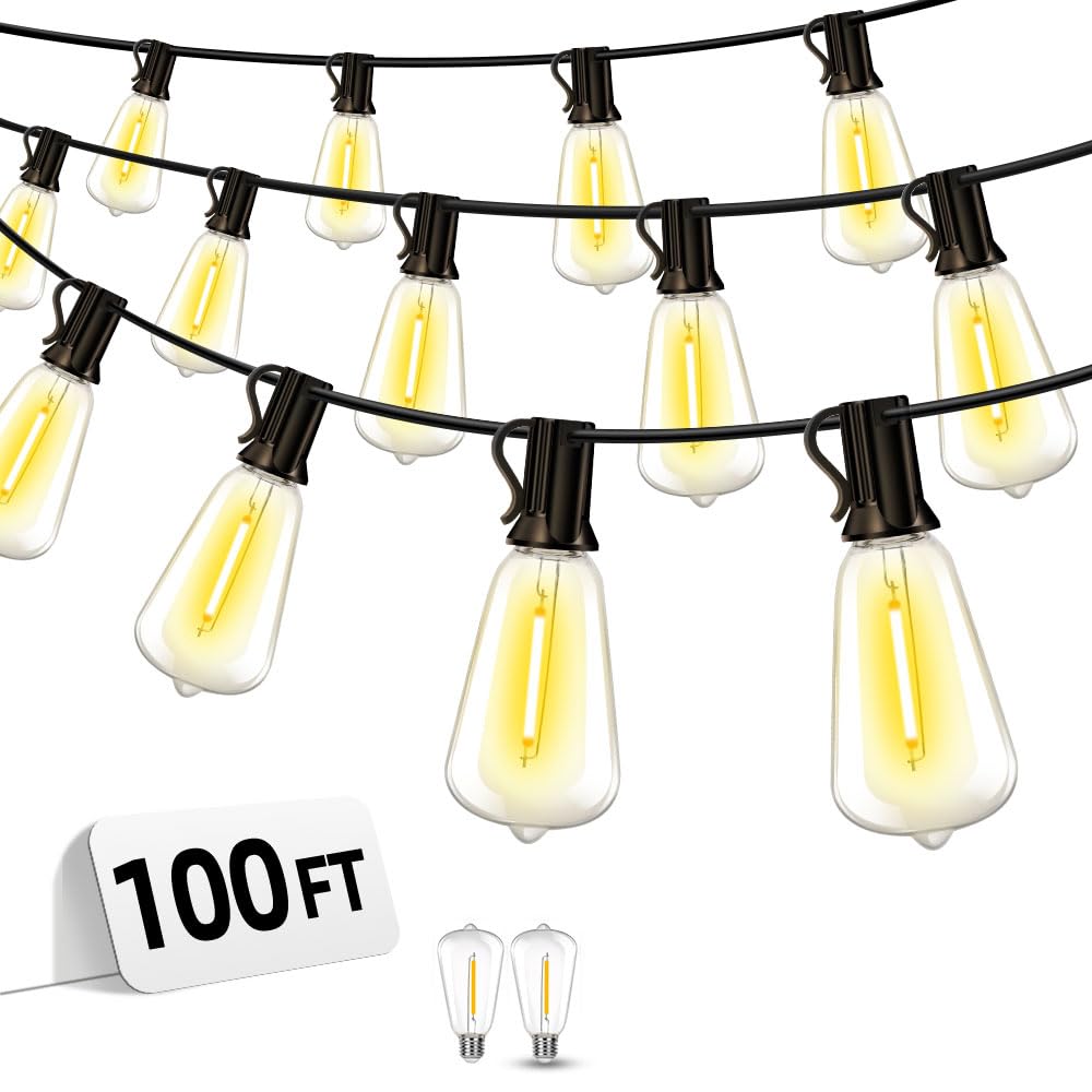 VOZUJI Outdoor Patio String Lights 100ft: ST38 LED Shatterproof Bulbs 3 Modes Button Control - Waterproof Connectable Lights - W