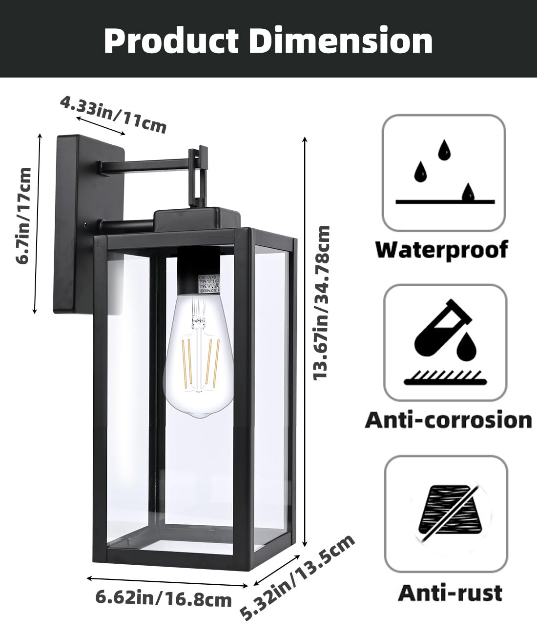 Faymart 2 Pack Outdoor Wall Lights, Waterproof Black Sconce With Glass Shade, E26 Socket