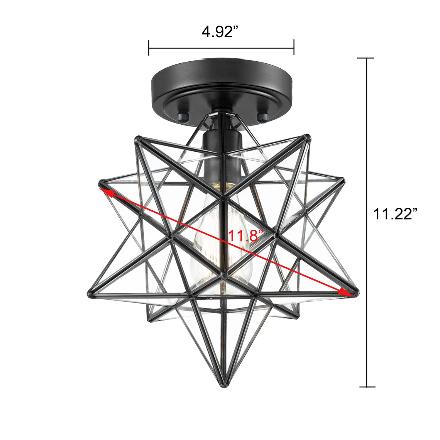 AXILAND 12-Inch Black Copper Moravian Star Ceiling Light Fixture, Clear Glass Shade, Model WT7030C-3
