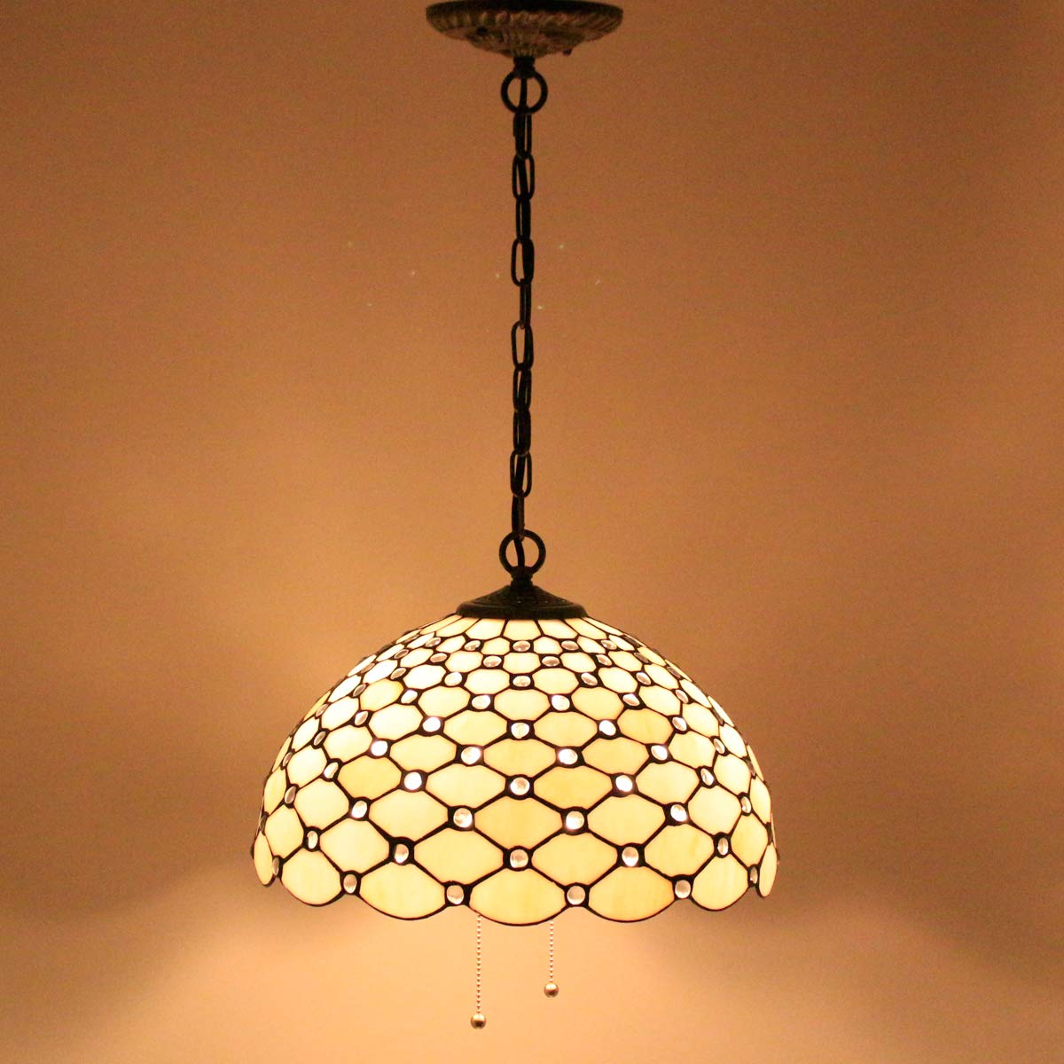 WERFACTORY Tiffany Pendant Light Fixture, Cream Amber Bead, 16 Inch Hanging Lamp, Large, S005 Series