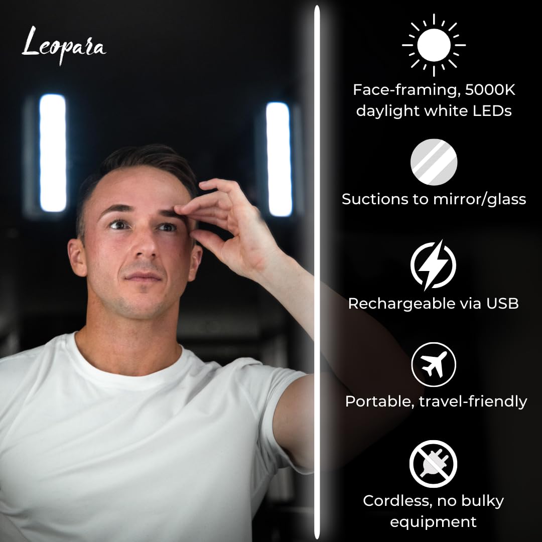 Leopara Duo Portable Makeup Lighting | Set of 2 Cordless, Rechargeable, Suction Vanity Lights for Mirror | Travel Case - Black