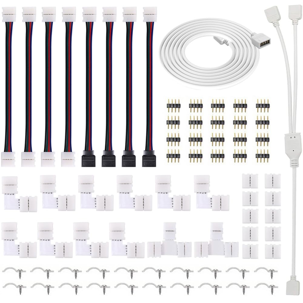 Fntek LED Connector Kit for 5050 RGB 4 Pin, Copper & PBT, 10mm, Includes Splitter & Extension Cables, White
