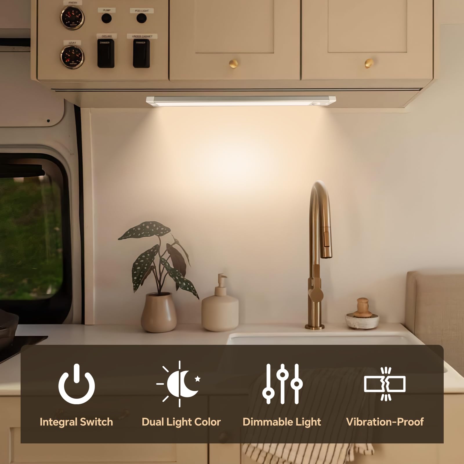 acegoo RV LED Light Bar 12V - 12 Inch Warm White Aluminum Strip with Dimmer & Red Night Light for Kitchen & Under Cabinet