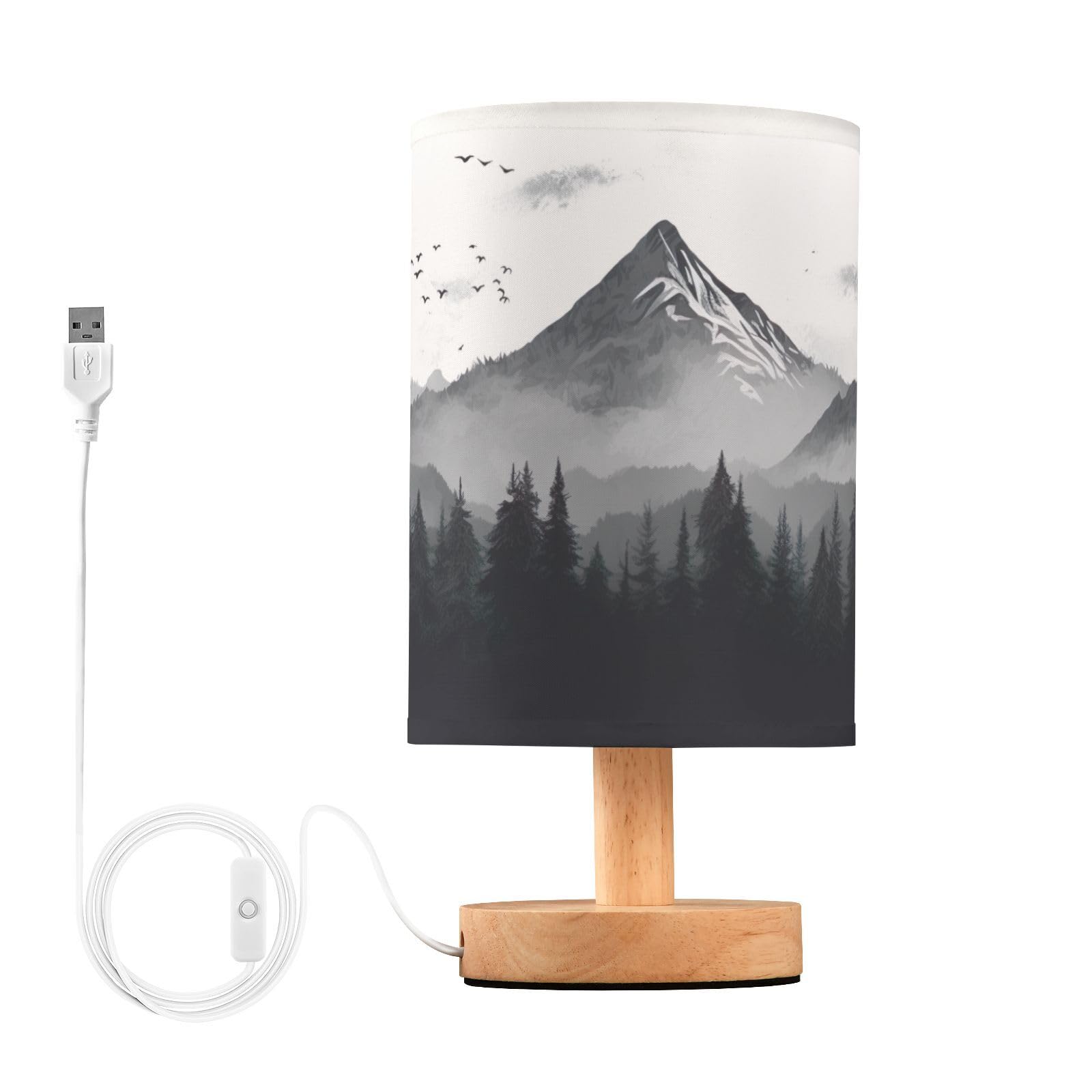 Coikll Nature Mountains and Forest Table Lamp Bedside with USB Ports Nightstand Lamps with Fabric Lampshade for Reading, Bedroom