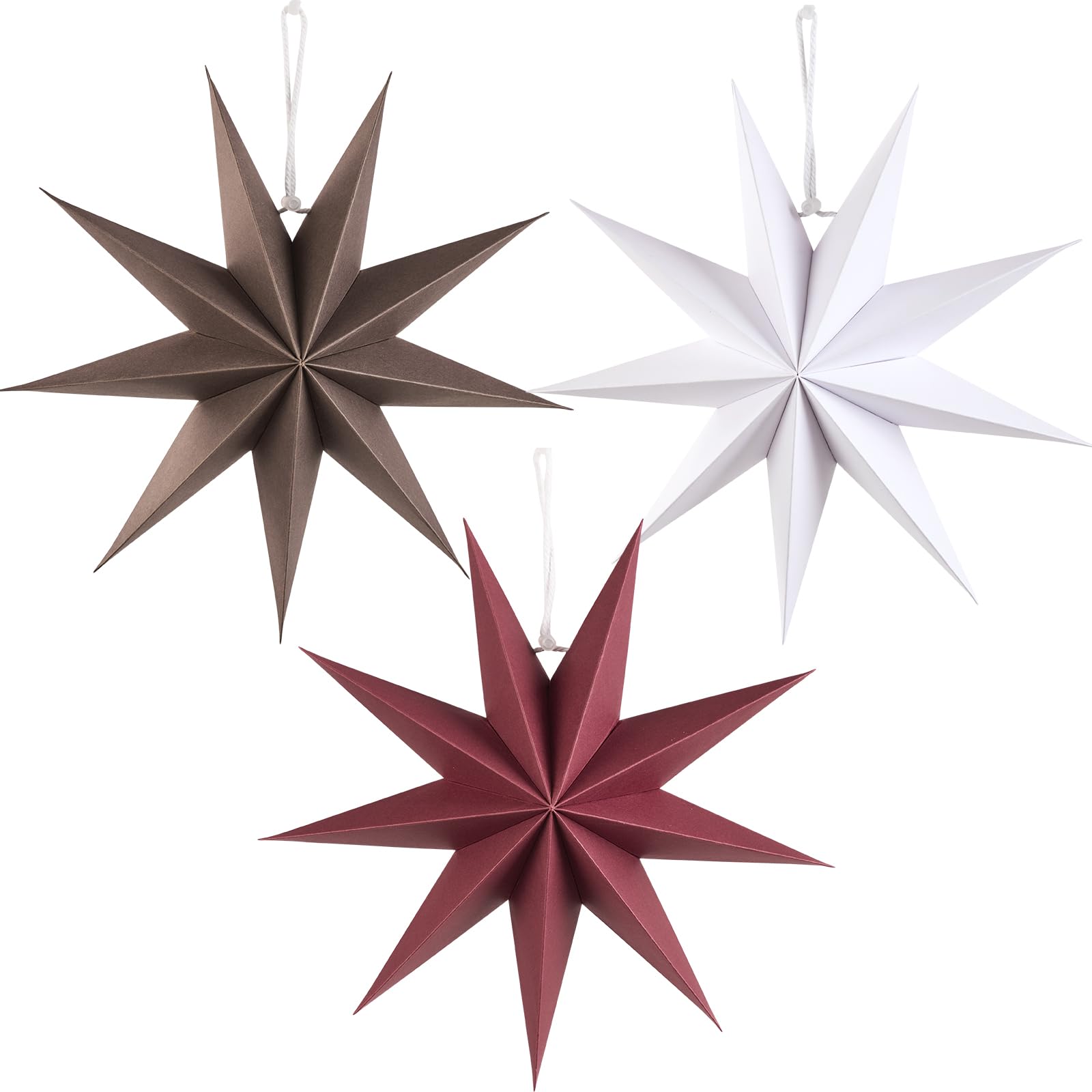 SUNBEAUTY 3 Pcs 9-Pointed Brown Burgundy White Paper Star Lanterns 12 Inch Christmas Hanging Lamp Rustic Paper Decorations Shade