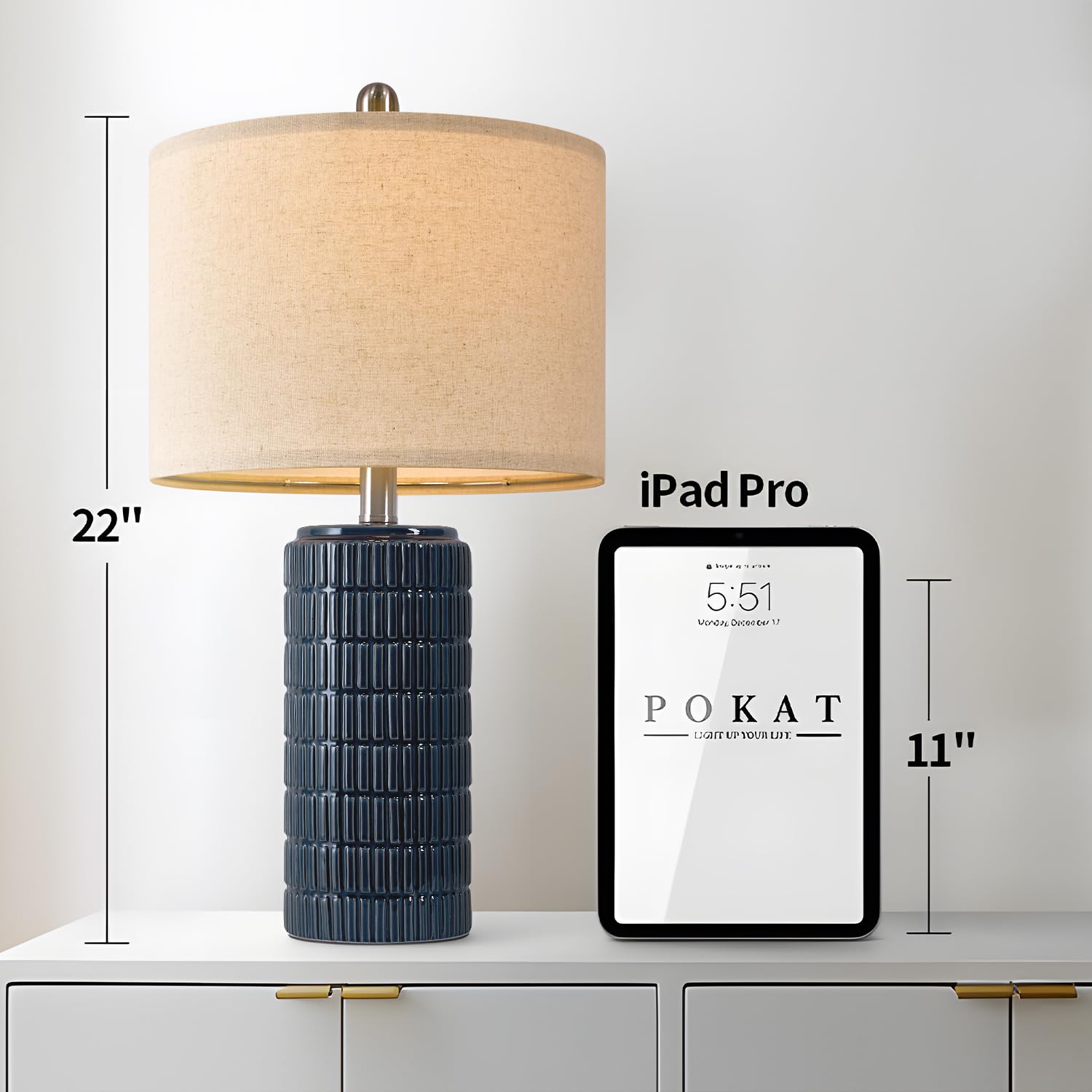 PoKat 23" Blue Ceramic Table Lamps - Farmhouse Style Bedside Lamps, Set of 2, Medium Size for Bedroom & Living Room, Model AMZ-T1102BL