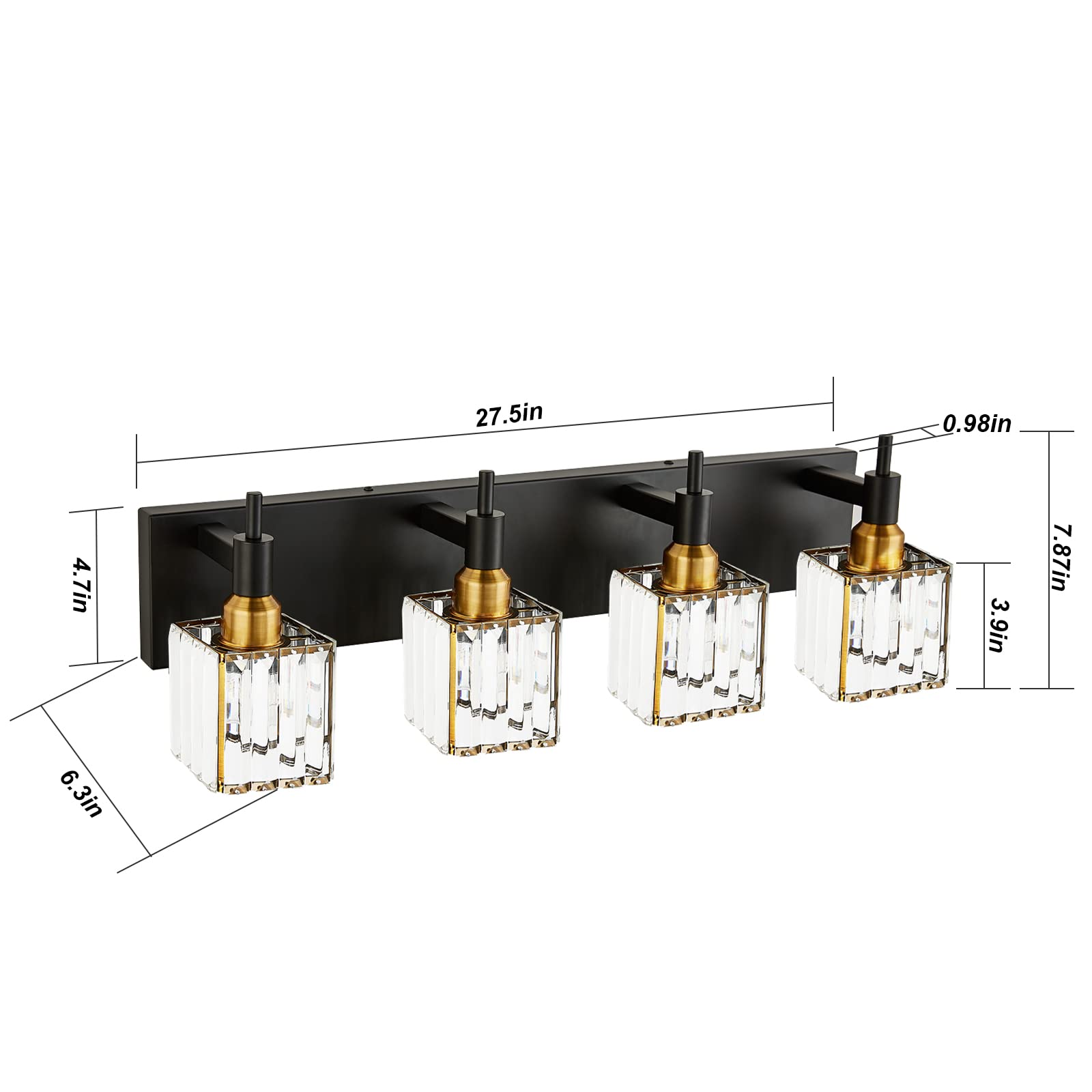 Huoku Gold Black Crystal Bathroom Lighting Fixtures, 4 Light Modern Crystal Vanity Lights Over Mirror