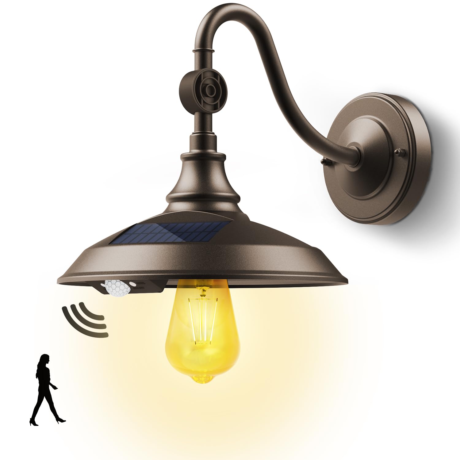 SIEDiNLAR Solar Barn Light Outdoor with 3 Modes, Aluminum Vintage Gooseneck Wall Barn Light Waterproof Motion Sensor for Barn Sh