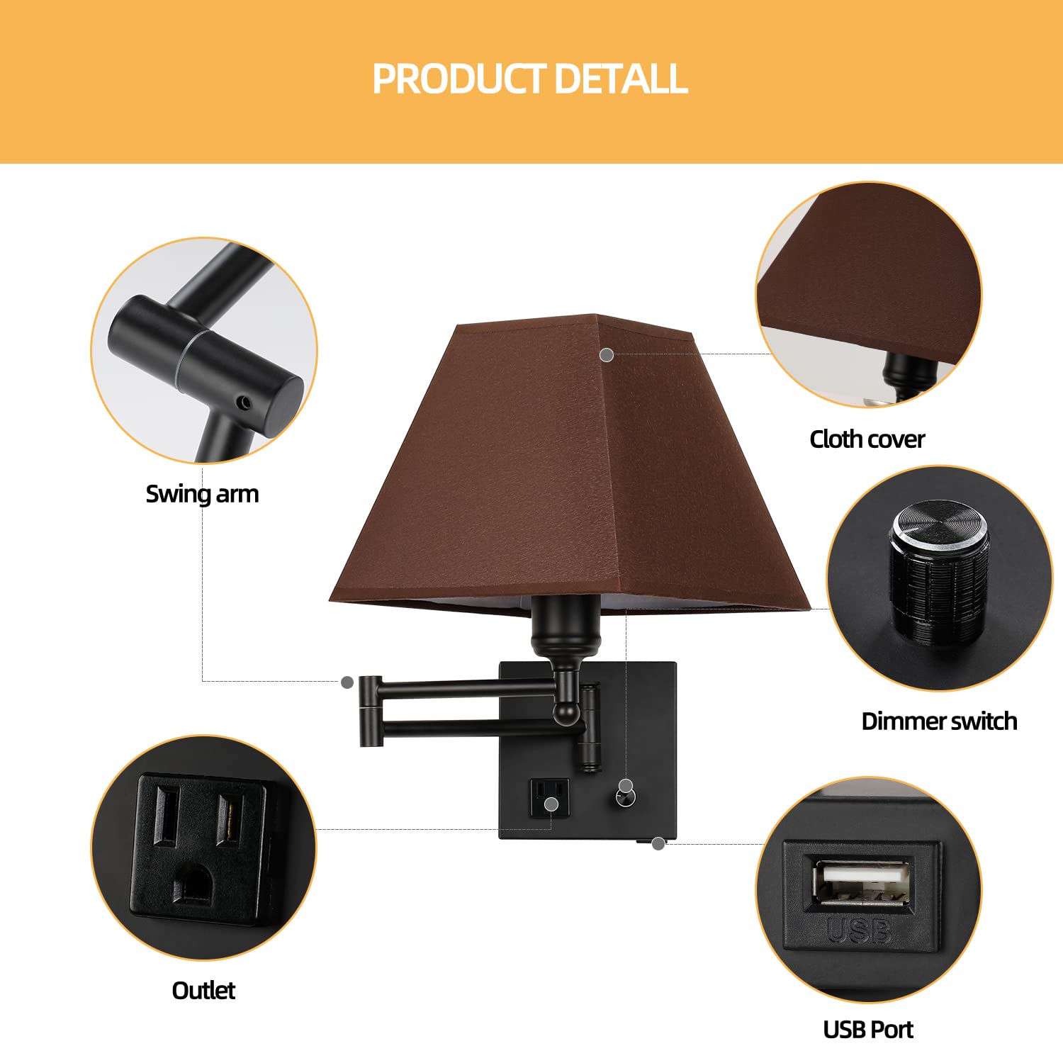 PULLCU Swing Arm Wall Lamp.Plug in Wall Sconces with USB Port and AC Outlet.Sconces Wall Lighting Coffee Fabric Shade with Dimma