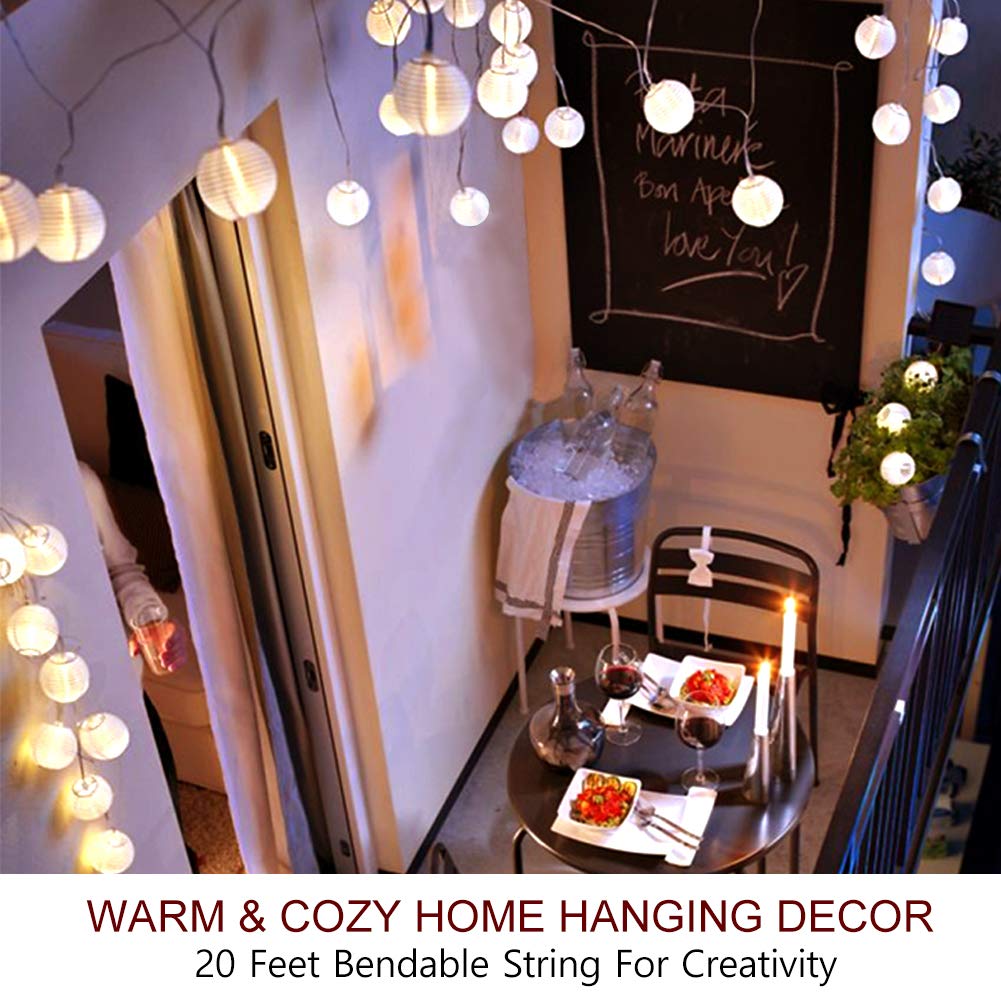 Bright Zeal 20' Long 30 Led Lanterns String Lights Battery Powered - Indoor Outdoor 3" White Silk-Like Cloth Round Mini Lantern String Lights For Yard Bedroom Wedding