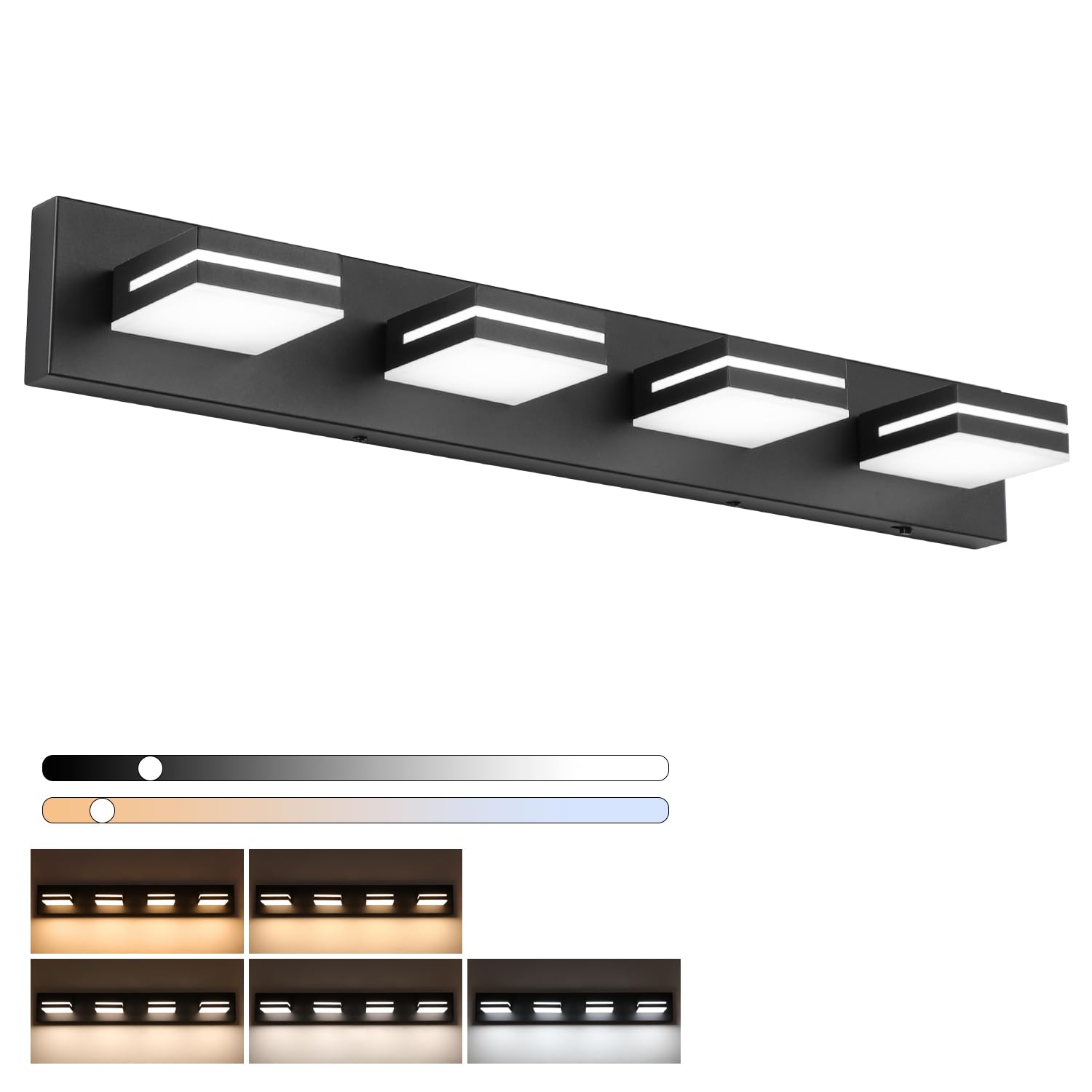 Sinerise Led Modern Bathroom Vanity Light Fixtures (4-Light, 30-Inch)(5Cct, Dimmable), Matte Black Modern Acrylic Bathroom Wall Lighting Fixtures Over Mirror (3000K/3500K/4000K/5000K/6000K)