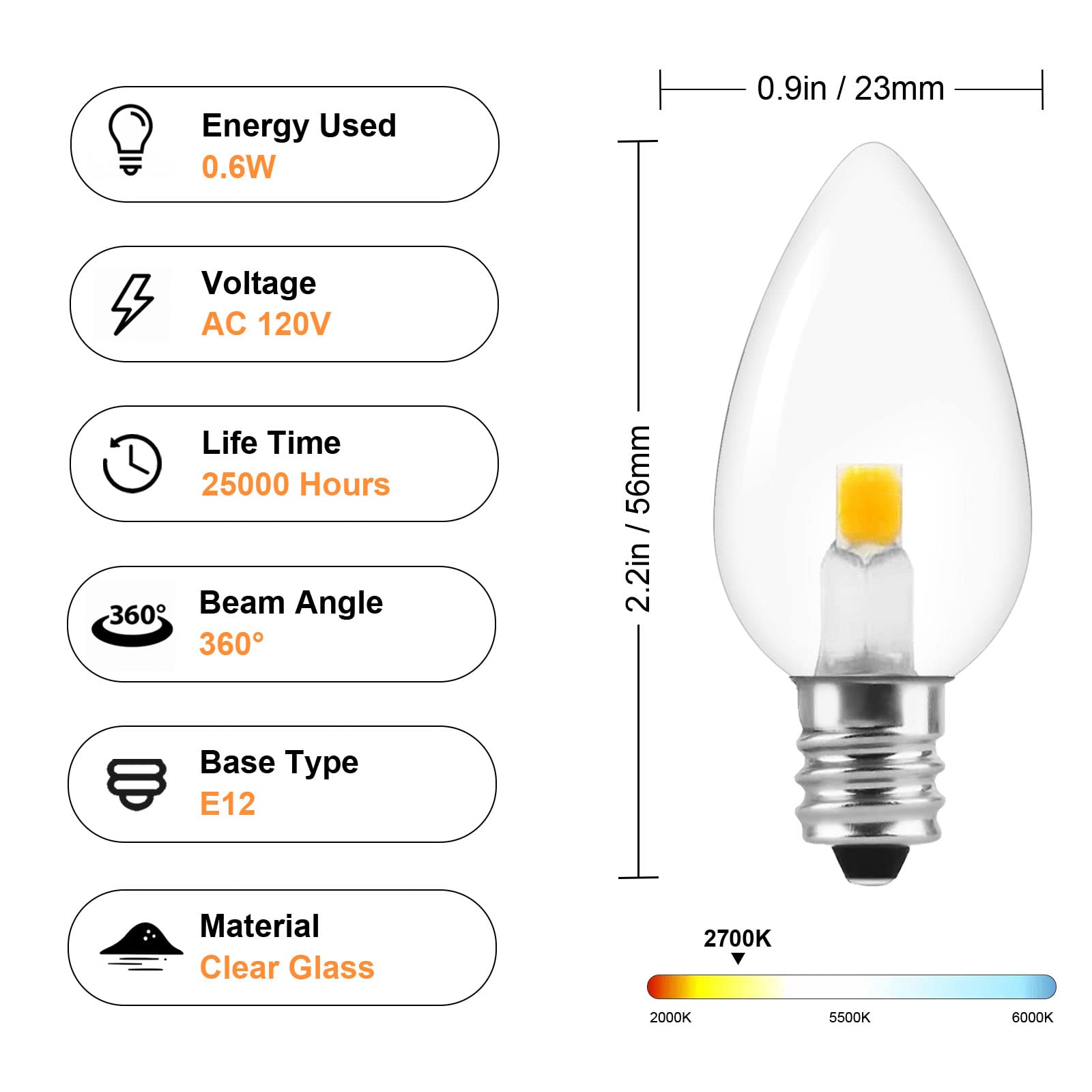 Visther C7 Led-Cob Night Light Bulbs, E12 Base Candelabra Replacement Bulb, Warm White String Light, 0.6W Equivalent 7W (12 Pack