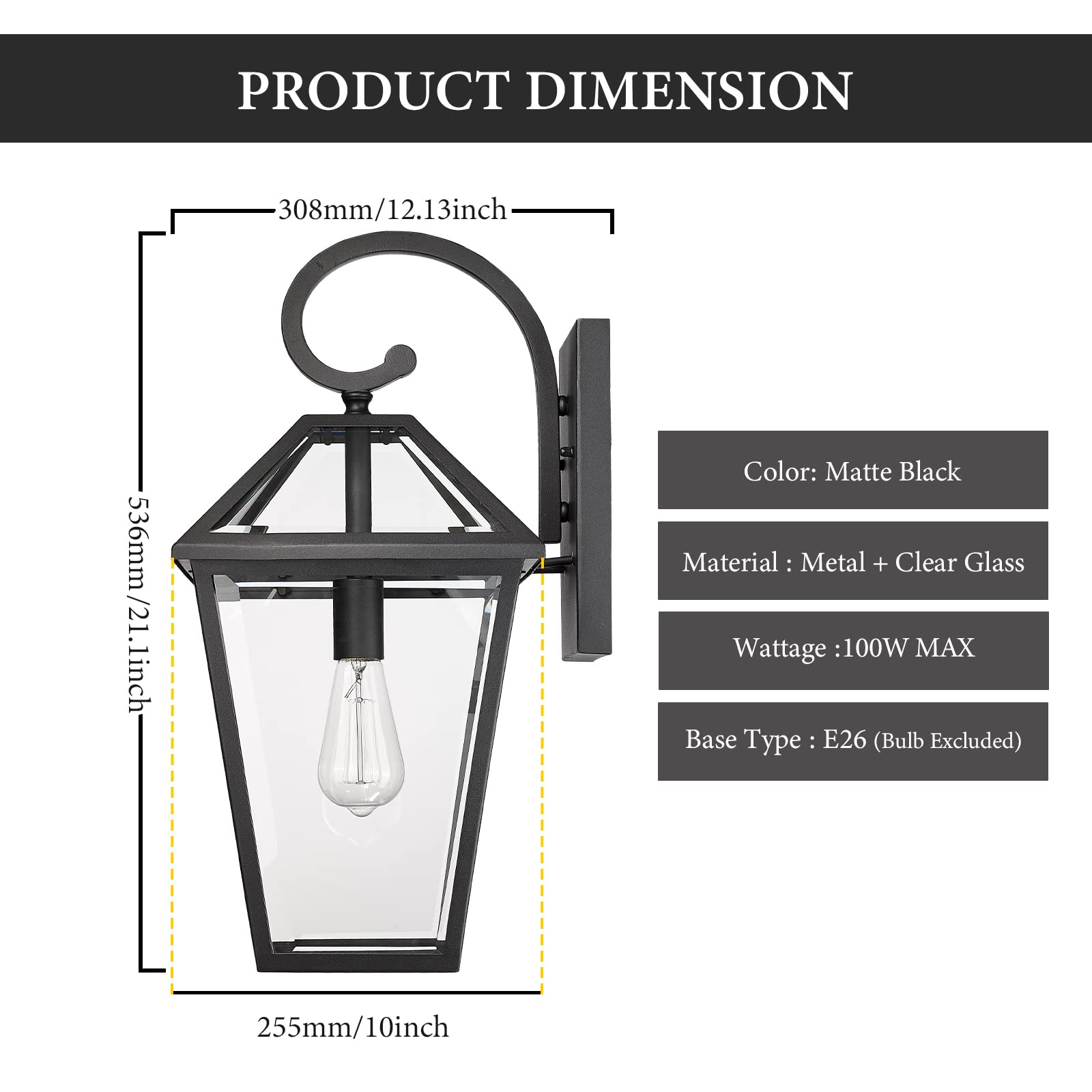 Luminzone Large Waterproof Outdoor Wall Light Fixture - Black Glass Lantern For Porch & Patio