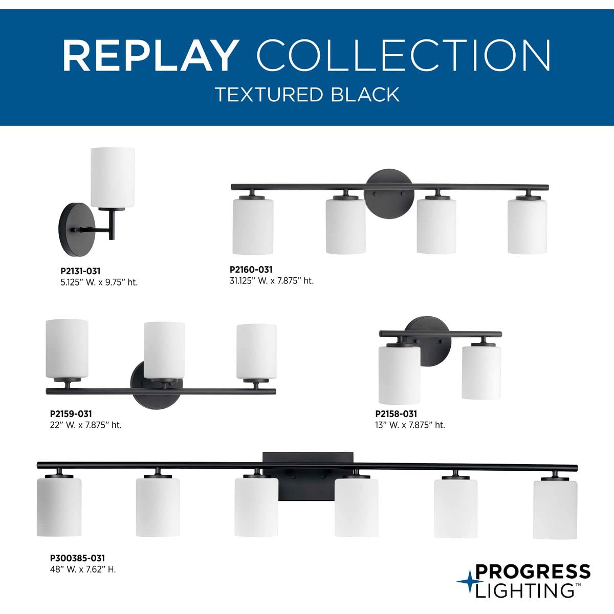 Progress Lighting Replay Collection 48 In. 6-Light Textured Black Etched White Glass Modern Bath Vanity Light